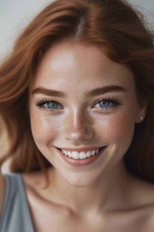 beautiful lady, freckles, big smile, dark makeup, hyperdetailed photography, soft light, head and shoulders portrait, cover