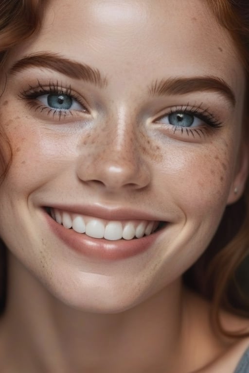 beautiful lady, freckles, big smile, dark makeup, hyperdetailed photography, soft light, head and shoulders portrait, cover