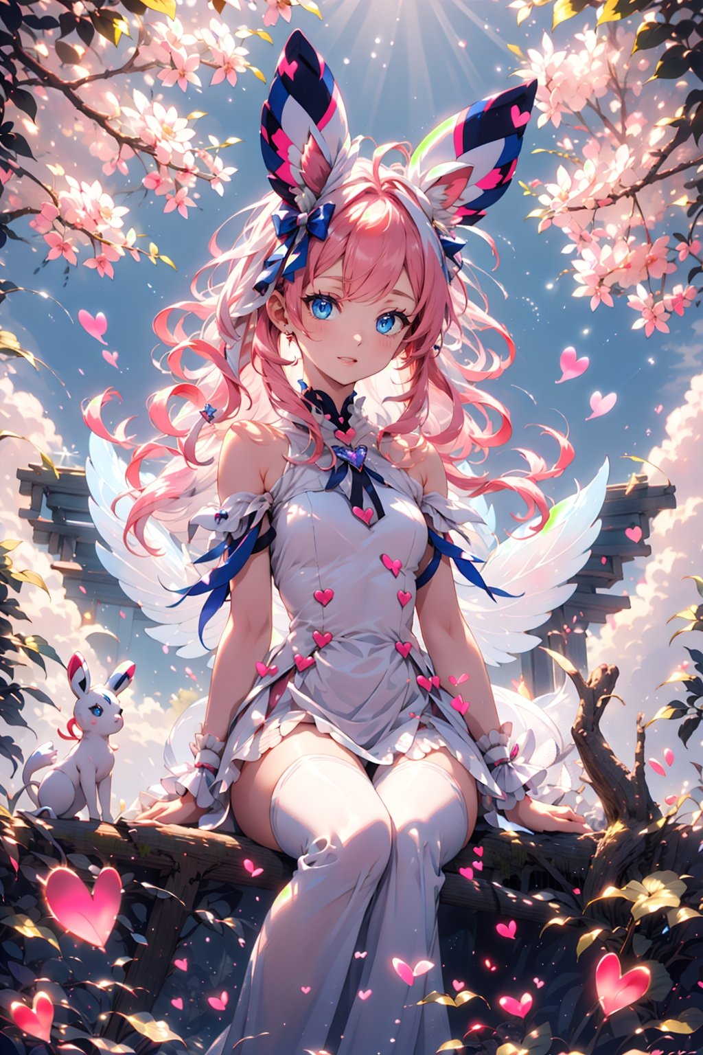 sylveon, human, pink hair, ribbons, fairy-like appearance, long pink hair, blue eyes, frilly outfit, hearts, white dress,coloured glaze,fairy,perfect, daytime, sunny, bright sunlight, sitting