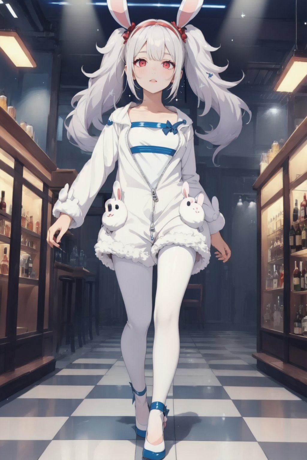 1 girl, solo, long hair, detailed eyes, bar background, blushing, smile, standing, blushing, clear eyes, bright eyes, detailed eyes, perfect light,hime style, aalaffey, high heels, disco flooring, spoltlight,animal ears, bunny outfit, blue bunnysuit, pig tails, small breasts, perfect anatomy, bar, wavy pigtails, fluffy hair, perfect hands, onesie