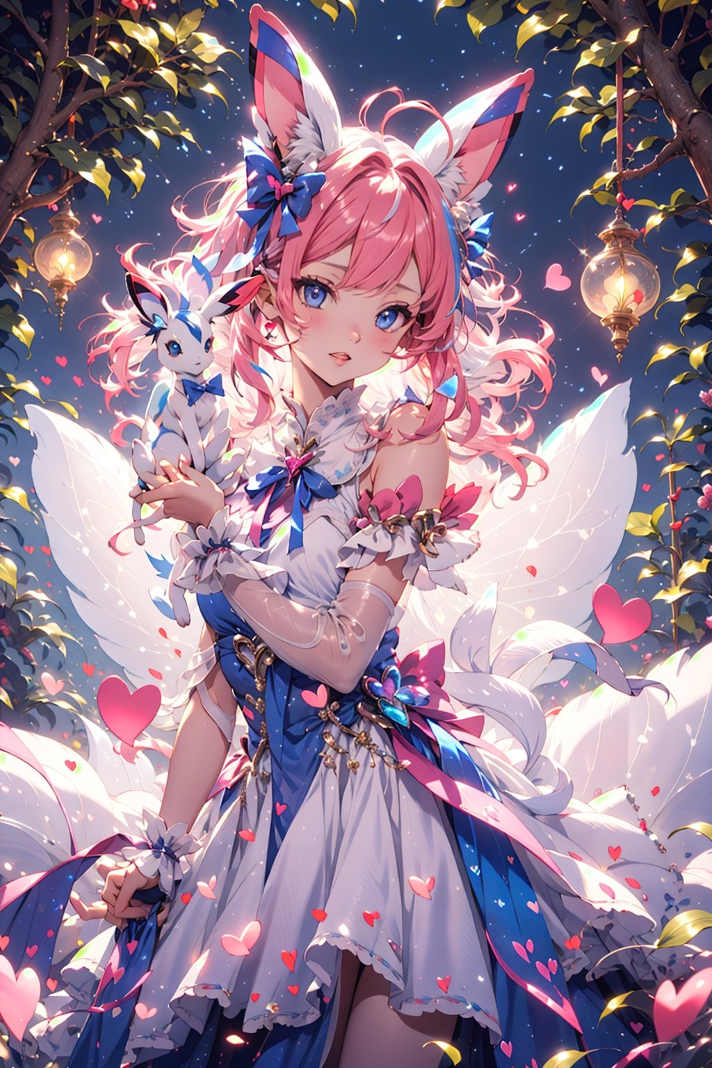 sylveon, human, pink hair, ribbons, fairy-like appearance, long pink hair, blue eyes, frilly outfit, hearts, white dress,coloured glaze,fairy