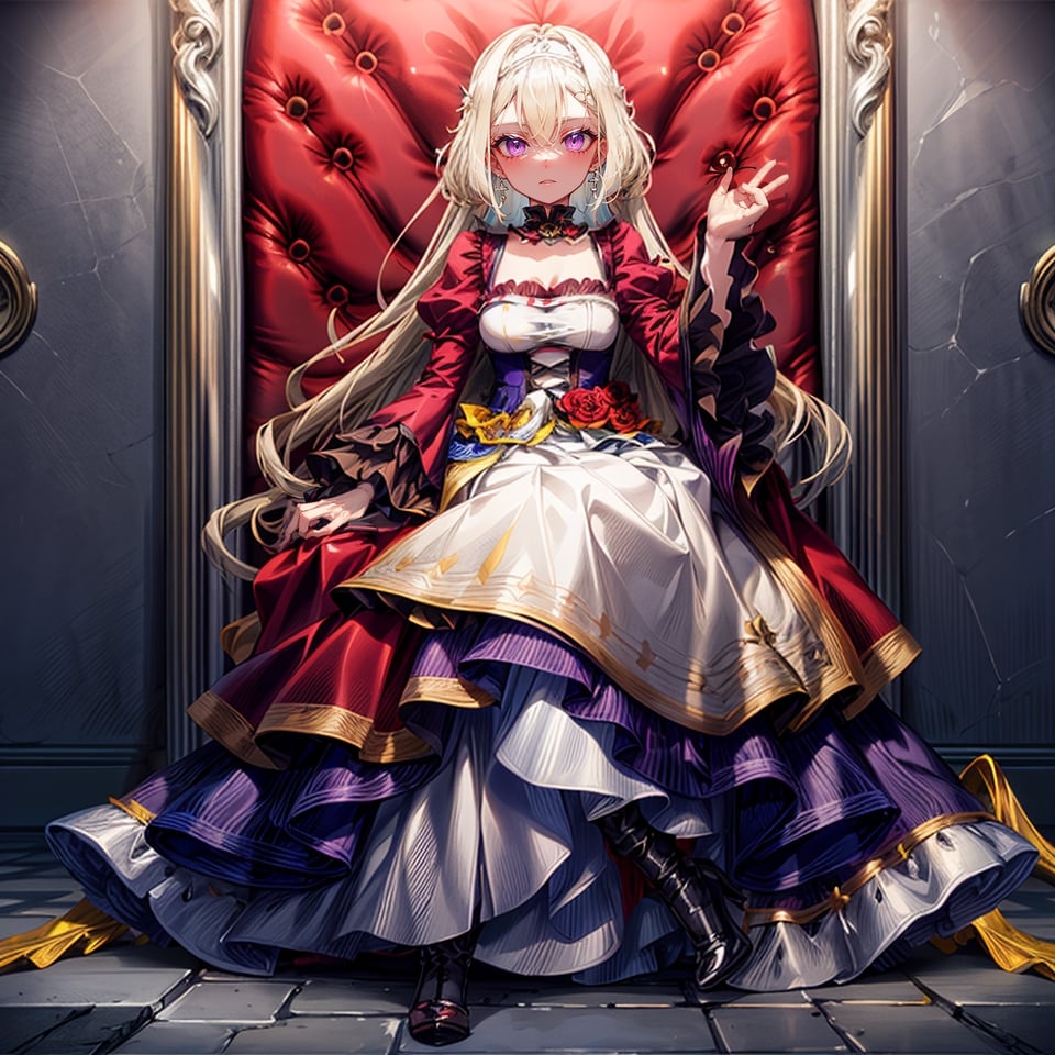 stylish, detailed, long hair, karenhelvetius, voldress, floral pattern on skirt, split dress, evil stare, glowing eyes, elaborate throne room, elegant, detailed dress, wavy hair, blonde hair, purple eyes, shiny eyes, modest makeup, floral choker, frills, loose ringlets, very high heels, serious expression, slight grin, black heels