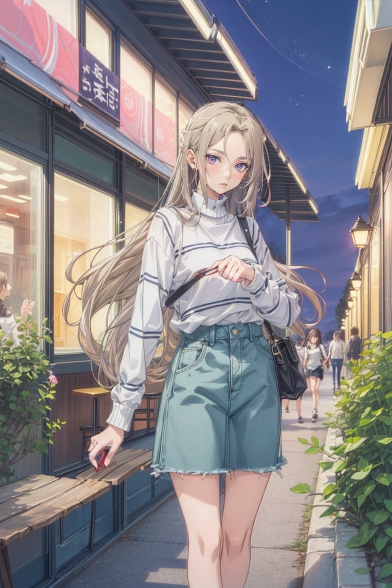 ,isaku, purple eyes, long blonde hair, pretty eyelashes, striped turtleneck, denim skirt, casual sneakers, blushing, nighttime, basic background, jewelry, handbag, lipstick, restaurant background, close up view, bright lights, stylish