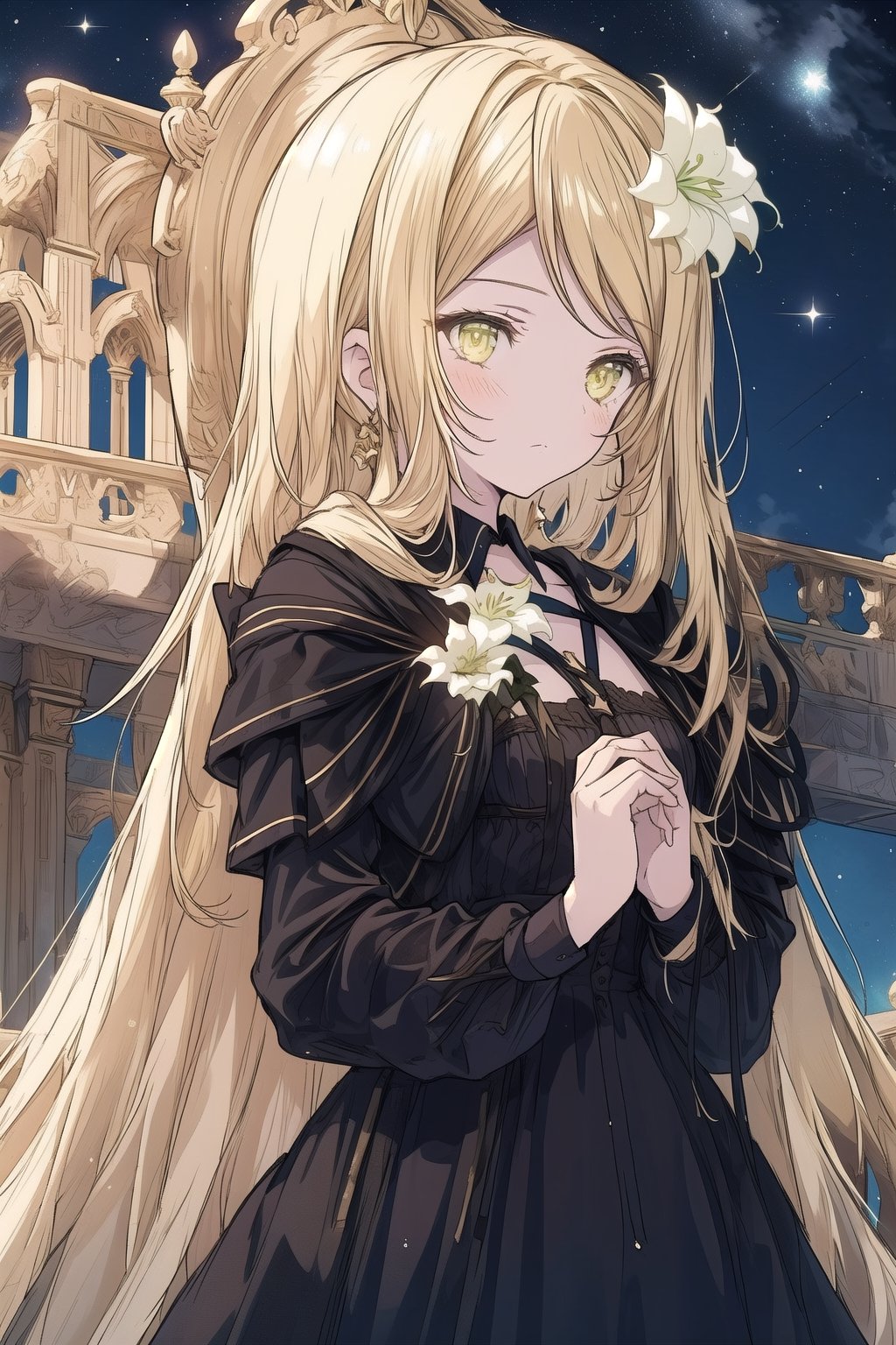 1 girl, surrounded by energy, long blonde hair, wavy hair, golden eyes, black dress, white lily, palace exterior elegant, palace, cold expression, high quality, shiny hair, detailed dress,fantasy00d, starry sky, pretty black dress, outdoors, solo, balcony, perfect hands
