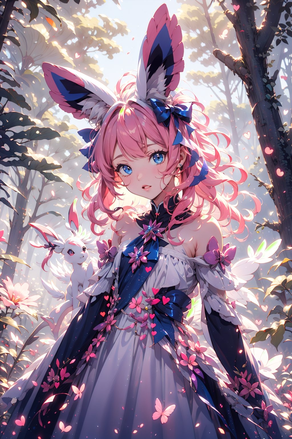 sylveon, human, pink hair, ribbons, fairy-like appearance, long pink hair, blue eyes, frilly outfit, hearts, white dress,coloured glaze,fairy, daytime, forest background, wide angle, small sylveon on shoulder, long wavy hair