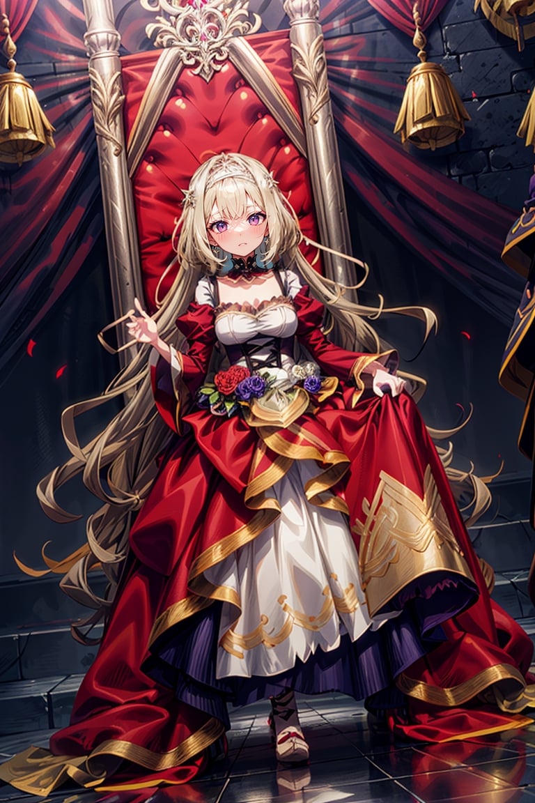 stylish, detailed, long hair, karenhelvetius, voldress, floral pattern on skirt, split dress, evil stare, glowing eyes, elaborate throne room, elegant, detailed dress, wavy hair, blonde hair, purple eyes, shiny eyes, modest makeup, floral choker, frills, loose ringlets, very high heels, blush 