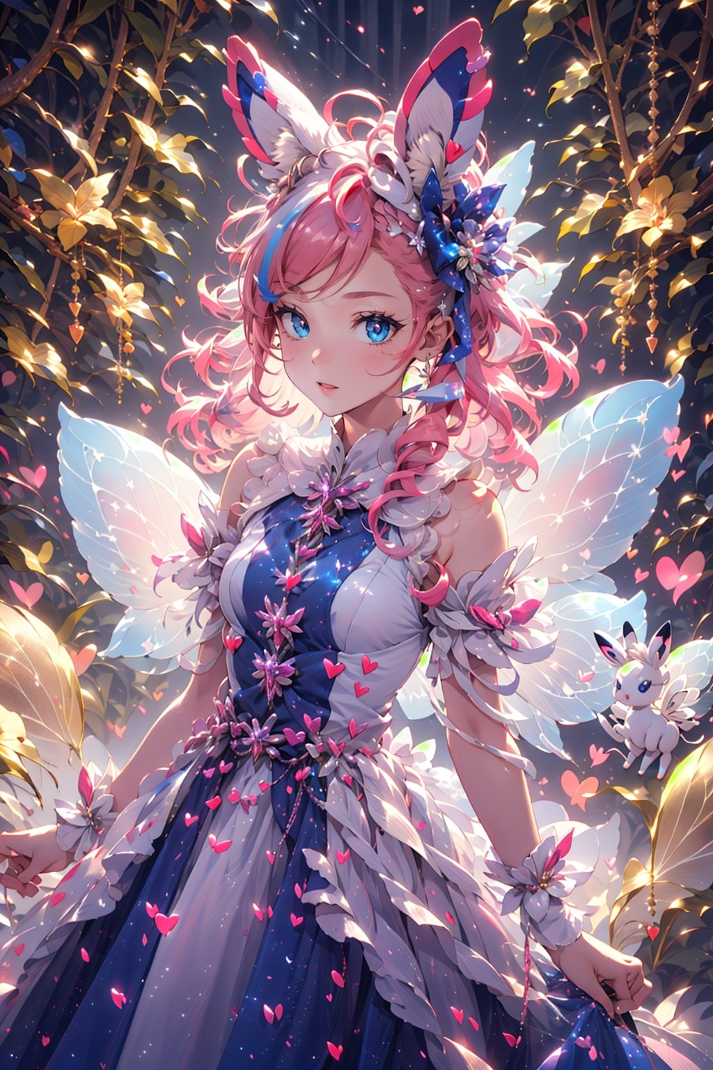 sylveon, human, pink hair, ribbons, fairy-like appearance, long pink hair, blue eyes, frilly outfit, hearts, white dress,coloured glaze,fairy