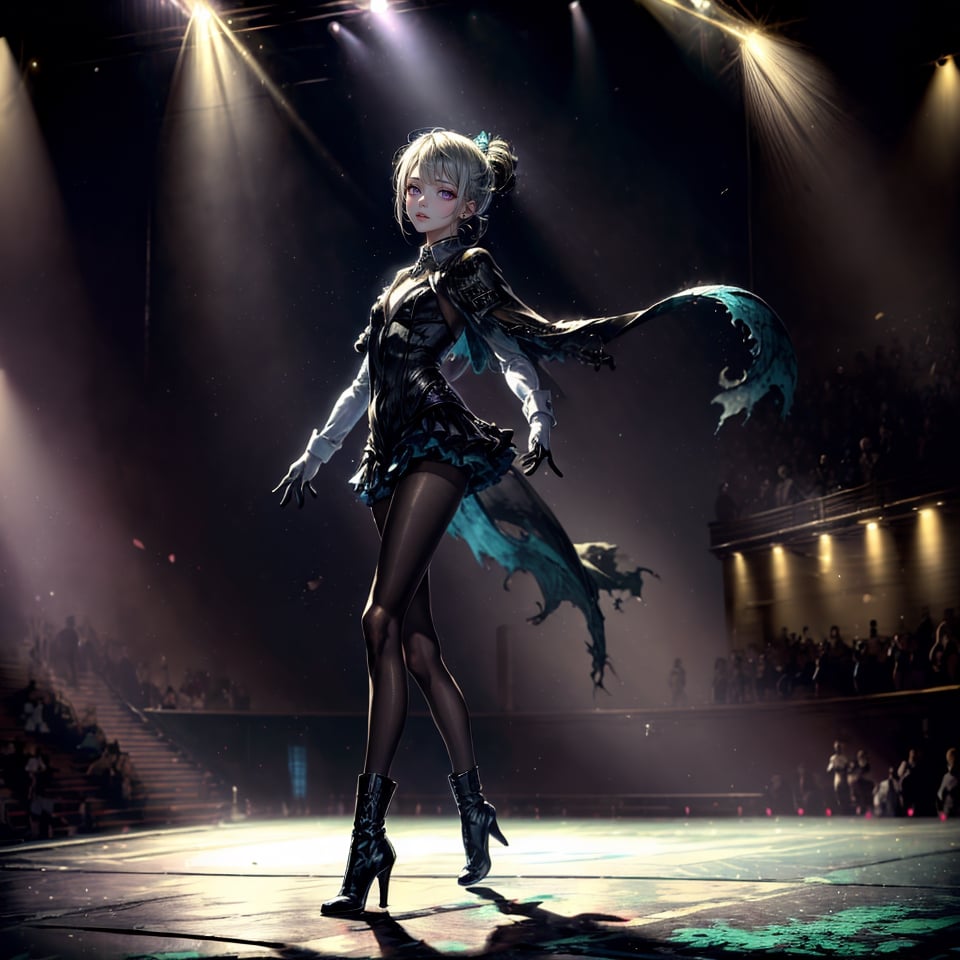 ,light,1girl, star \(symbol\), symbols painted on face, joker style costume, top hat and high heel boots, wavy haired ponytail, sparkling eyes, stars in eyes, posing in arena, spotlight shining down on her, blurred audience, circus theme background, grinning, sweating, shiny attire, ribbons, hair ribbons