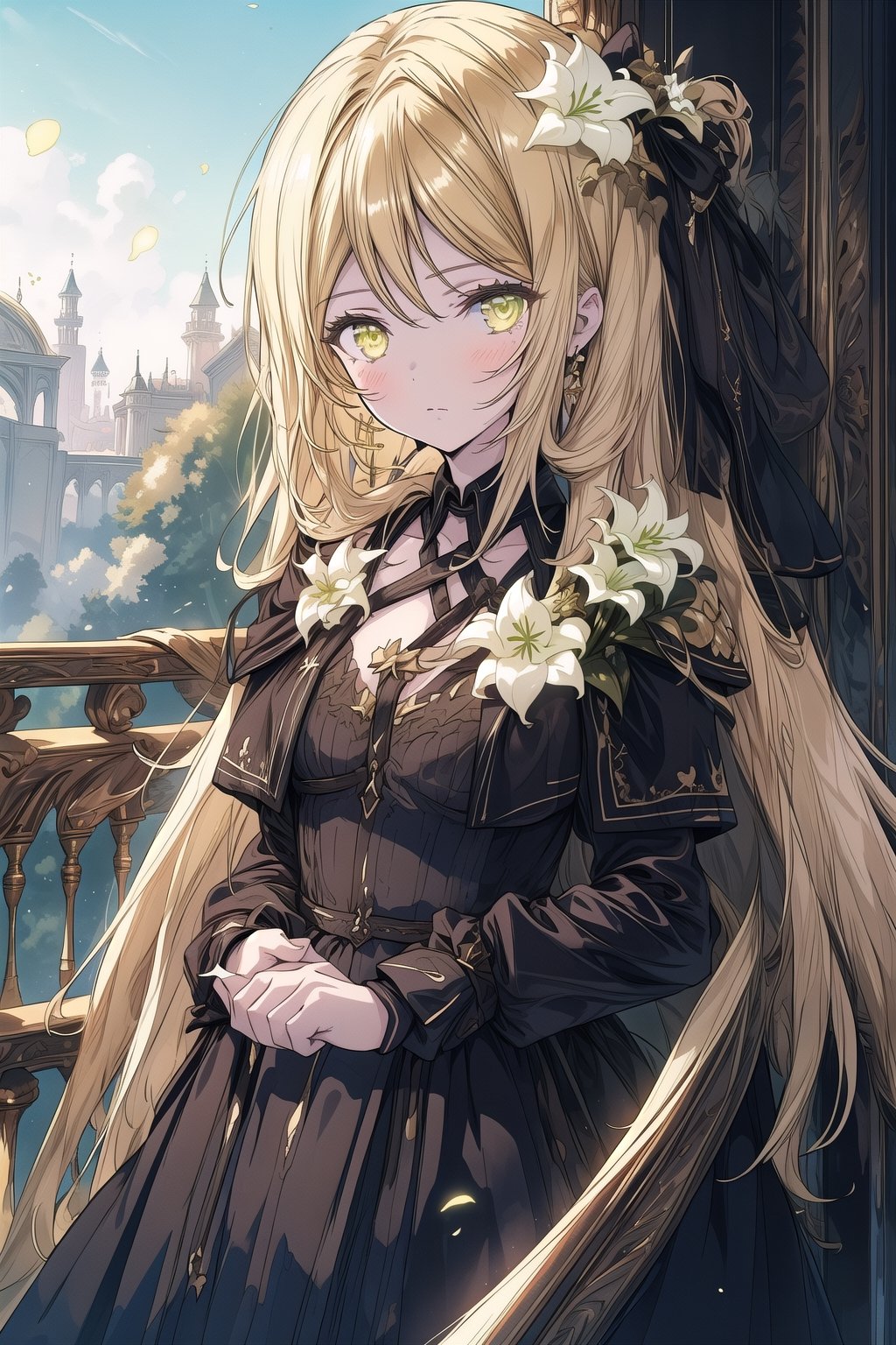 1 girl, surrounded by energy, long blonde hair, wavy hair, golden eyes, black dress, white lily, palace exterior elegant, palace,  good lighting, cold expression, high quality, shiny hair, detailed dress,fantasy00d, add brightness, pretty black dress, outdoors, solo, balcony, perfect hands