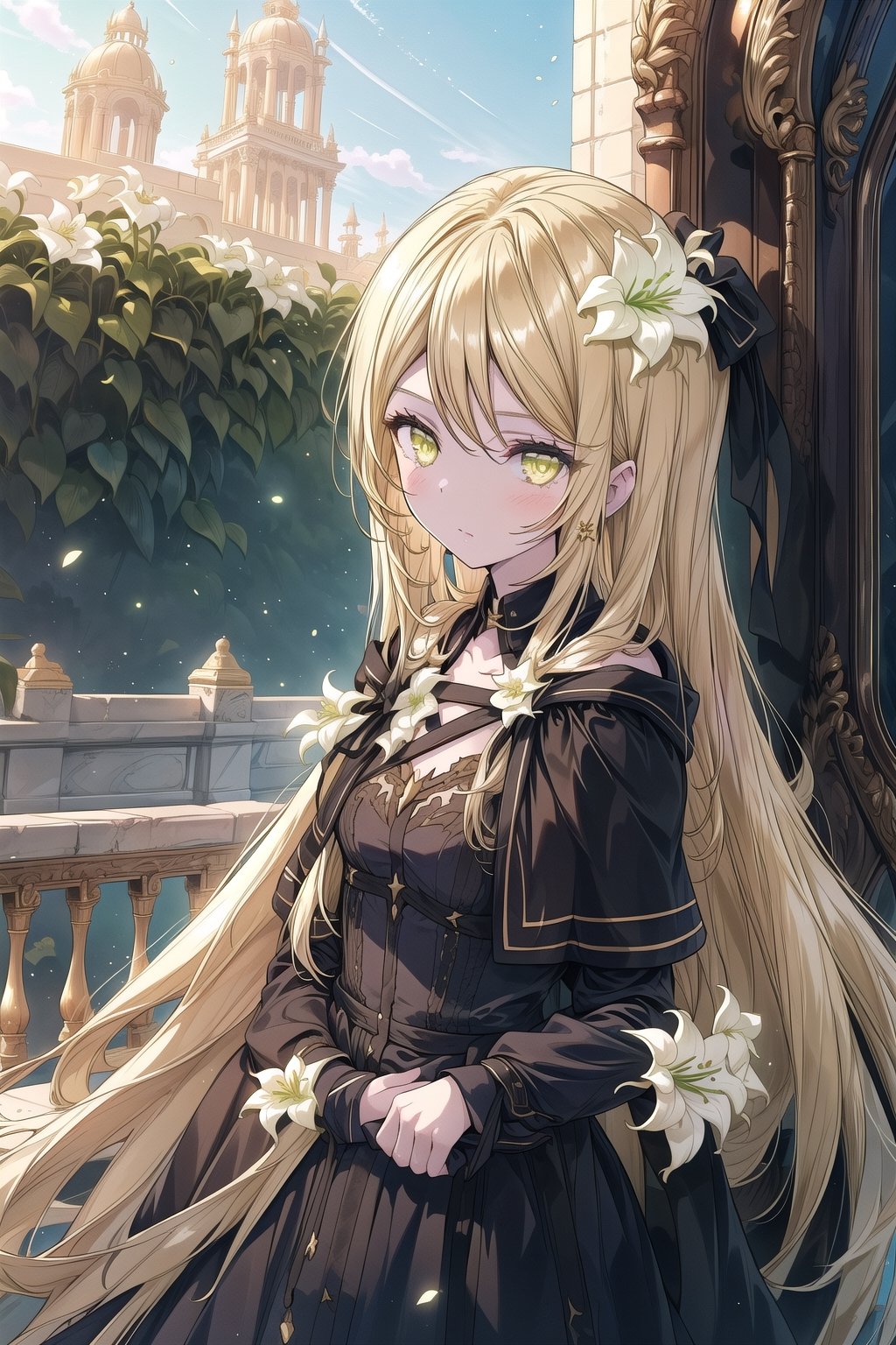 1 girl, surrounded by energy, long blonde hair, wavy hair, golden eyes, black dress, white lily, palace exterior elegant, palace,  good lighting, cold expression, high quality, shiny hair, detailed dress,fantasy00d, add brightness, pretty black dress, outdoors