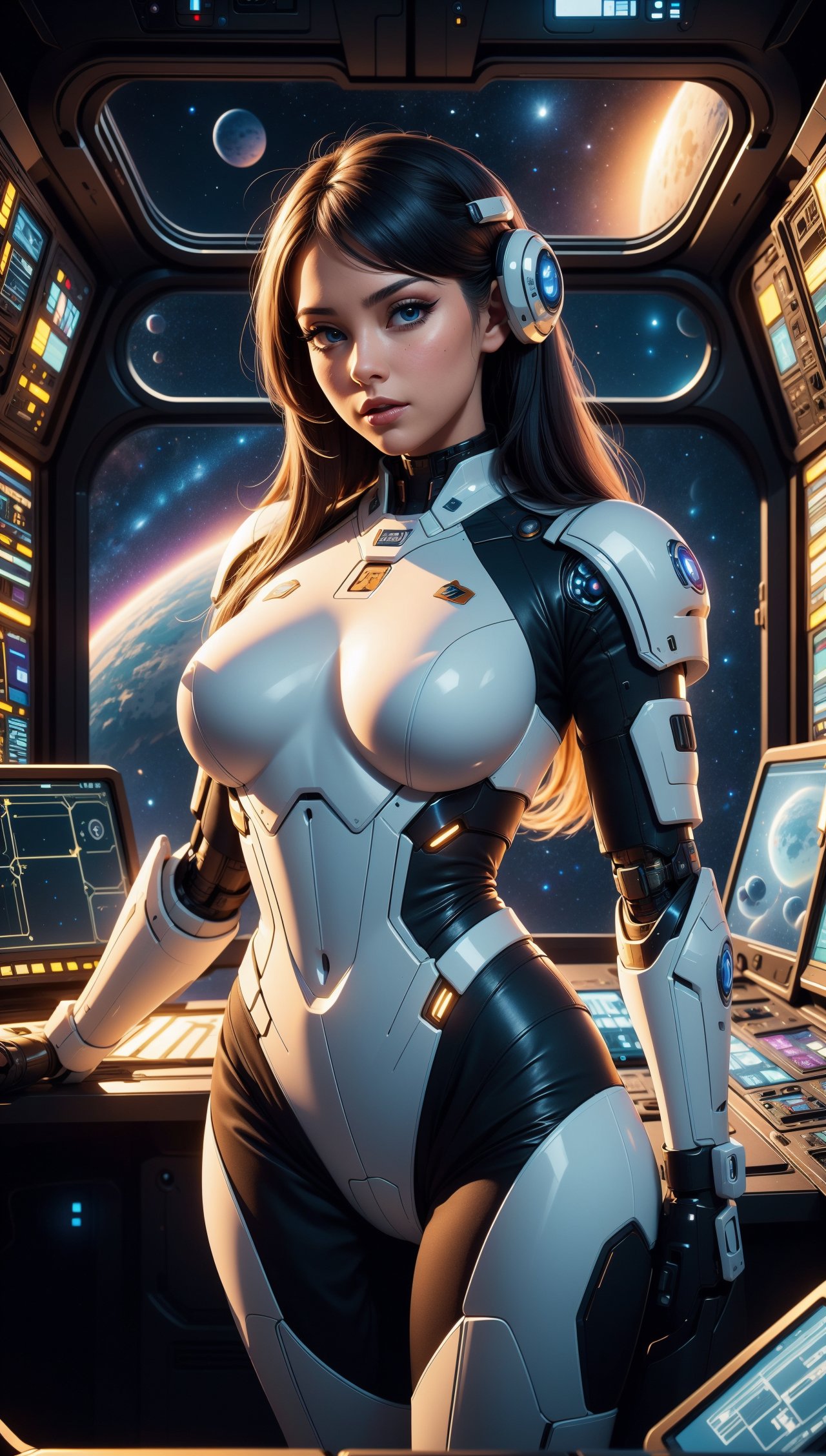 nsfw detailed realistic closeup portrait of pornstar Lil Rae Black, beautiful futuristic starship soldier in a sexy pose, deadly military mecha trooper, sexy cyberpunk armor, bare breasts, long black hair, looking at camera, space station nighttime setting, futuristic control room, deep space ship, background view of space 