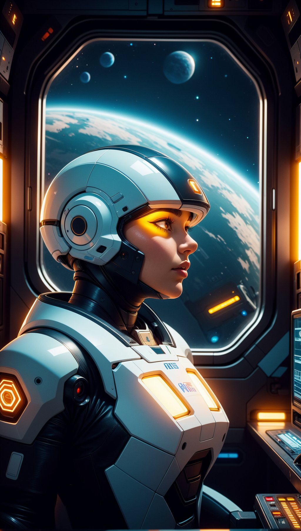 closeup photo of a beautiful android super soldier,deadly military cyborg, futuristic black armor, short white hair, looking out window, cyberpunk, space station nighttime setting,Futuristic room