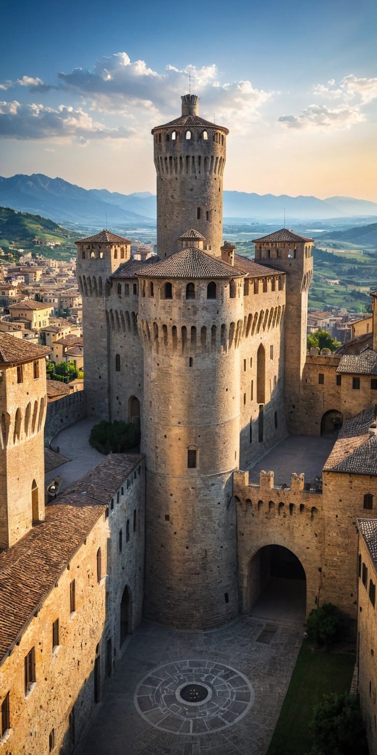 (Documentary photograph:1.3) of a wonderful (medieval castle in Italy:1.4), 14th century, (golden ratio:1.3), (medieval architecture:1.3),(mullioned windows:1.3),(stone wall:1.1), (cylindrical towers:1.3), overlooking the town, golden hour, intense blue sky with imposing cumulonimbus clouds. BREAK shot on Canon EOS 5D, (bird's eye view:1.3), Fujicolor Pro film, vignette, highest quality, original shot. BREAK Front view, well-lit, (perfect focus:1.2), award winning, detailed and intricate, masterpiece, itacstl,real_booster,,Architectural100,amazing shot,hillscastel