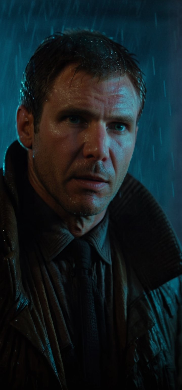 (Hyper-realistic photograph:1.4), Captivating scene under the rain at night on a rooftop, Featuring (Rick Deckard from Blade Runner:1.4), (Young Harrison Ford:1.5), with short brown hair, three-quarters view, looking at the viewer, with a dark rainy city landscape in background, blue eyes, photography style, (half-body shot:1.3), (contemplative expression:1.2),(well-lit:1.2) Extremely Realistic, serendipity art, (sharp focus:1.3), intricate details, highly detailed, by God himself, original shot, masterpiece, detailed and intricate,Movie Still,guttojugg1