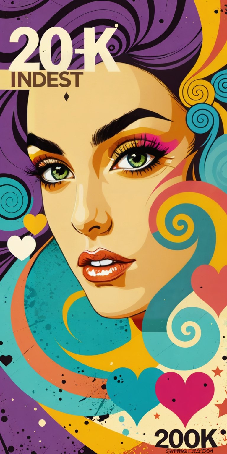 (An amazing and captivating abstract illustration:1.4), (captivating female face:1.3), face focus, beautiful features, (thick eyebrows:1.3), face shot, (grunge style:1.2), (frutiger style:1.4), (colorful and minimalistic:1.3), (2004 aesthetics:1.2),(beautiful vector shapes:1.3), with (the text "20K!":1.3), text block. BREAK swirls, x \(symbol\), arrow \(symbol\), heart \(symbol\), gradient background, sharp details, muted colors. BREAK highest quality, detailed and intricate, original artwork, trendy, mixed media, vector art, vintage, award-winning, artint, SFW,Text