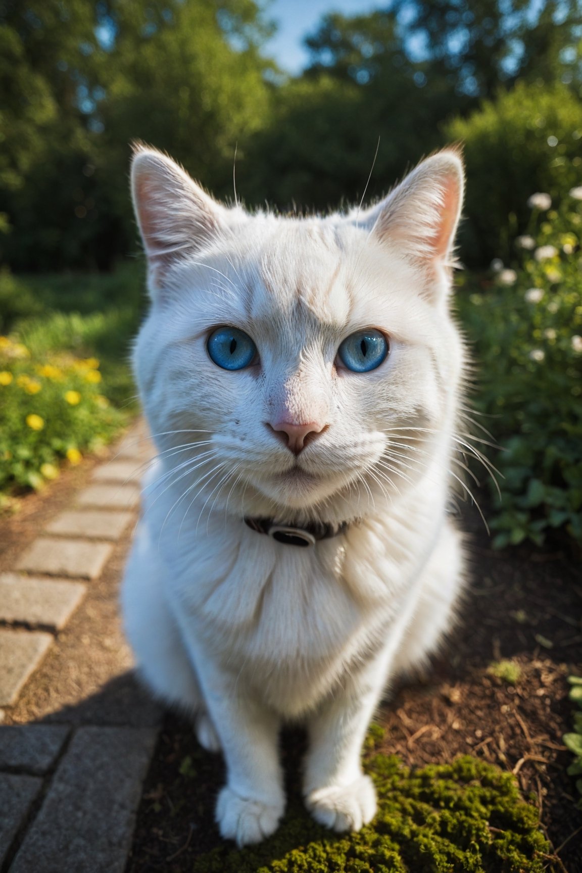 (Fisheye photograph:1.3) of a cute white cat looking straight at the camera. BREAK (full body shot:1.2), (blue eyes:1.4), beautiful garden, under direct sunlight,  creative shadow play,  bokeh,  BREAK (shot on GoPro Hero:1.4),  Fujicolor Pro film, (low-contrast:1.5),  in the style of Miko Lagerstedt/Liam Wong/Nan Goldin/Lee Friedlander,  BREAK (photorealistic:1.3),  vignette,  highest quality,  detailed and intricate,  original shot,  gbaywing, more detail XL, no humans