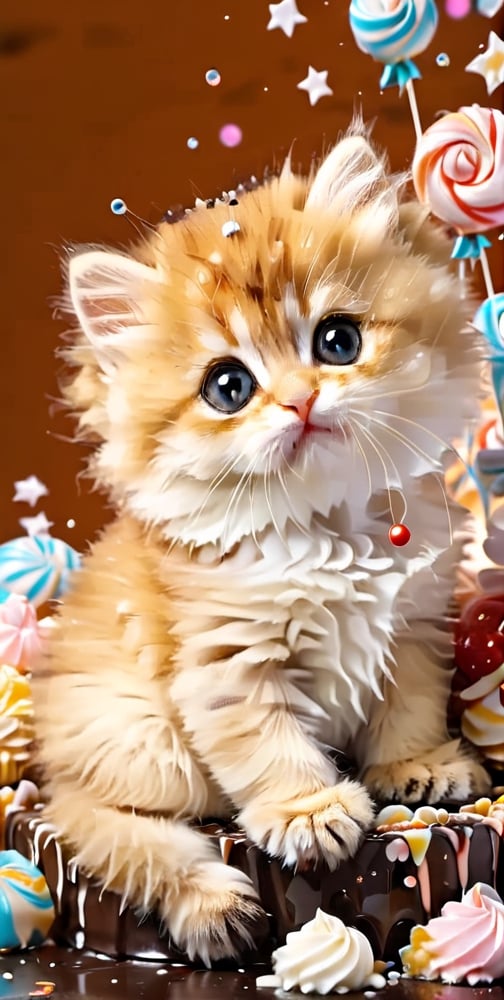 (orange mixed white kitten), cat lying on edge of cup, cute cat in cup, closeup angle surrounded by sparkling dream bubbles, animal, detailed focus, fluffy fluffy kitten, deep bokeh, beautiful , warm and sweet cute background with many cat shaped cookies. Visually pleasing, more details
Best quality, masterpiece, Detailedface, high resolution 8K, candyland, full background, candy, candy, lollipop, chocolate, ice cream, swirl lollipop, strawberry, ice cream, donut, cake, cupcake, balloon, chocolate bar, foam, cream, whipped cream, dessert, pastry, candy wrapper, icing, tea cup, confetti, marshmallow, jar, masterpiece,shards,jinjianceng