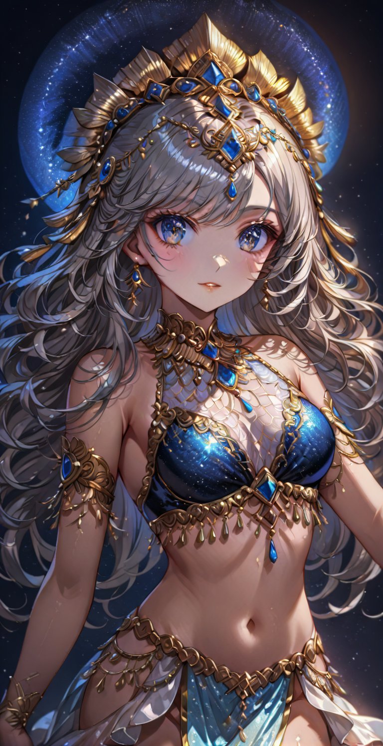 Ultra High Resolution, 8K, Masterpiece, Soft Light and Shadow, Night Sky, Night, 1 Girl, Solo, High Detailed Face, Silver High Detailed Shiny Eyes, Golden Shiny Detailed Hair, Fair Skin, Sexy and Exquisite Dancer costume, detailed jewelry headdress, exquisite hair accessories, colorful long hair, charming eyes, exquisite facial features, beautiful appearance, medium chest, perfect slim figure, dancing, full body, free dance, starry sky background , depth of field,