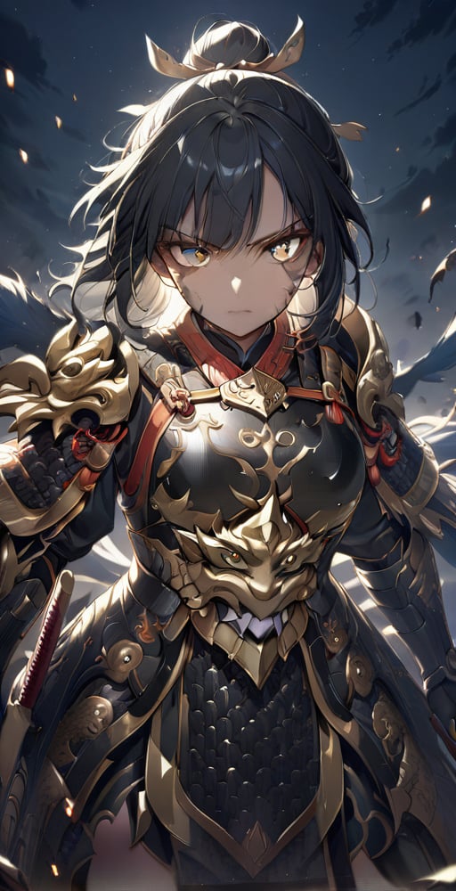 Ultra high resolution, 8K, masterpiece, detailed light and shadow, glowing night sky stars, night, 1 girl, solo, staring at viewer, high detail face, silver high detail shiny eyes, black shiny detailed hair , fair skin, fierce eyes, serious expression, armor, armor full of scars, Chinese armor, exquisite facial features, a bit dirty face, light lipstick, medium chest, perfect body, general, general, machete, holding dragon pattern Gold-inlaid sword, drawn sword, chilling aura, battlefield,Chinese_armor,ichijou ayaka,brave perspective