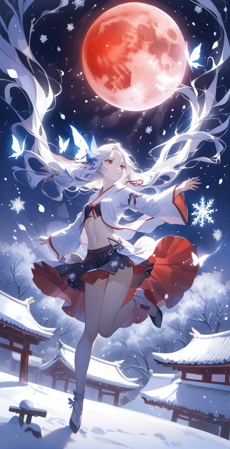 , masterpiece, boutique, aesthetic, 1girl, solo, cultivation, martial arts, fairy spirit, sexy short robe, 20-year-old woman, floating in the air, floating on tiptoes, flying, in the air, white hair, flying long hair, Navel exposed, short skirt, red eyes, night, red moon, snow, falling snow, snow crystals, milky way background, butterfly hair accessories, beautiful woman, watercolor background\(center\), very detailed,scenery