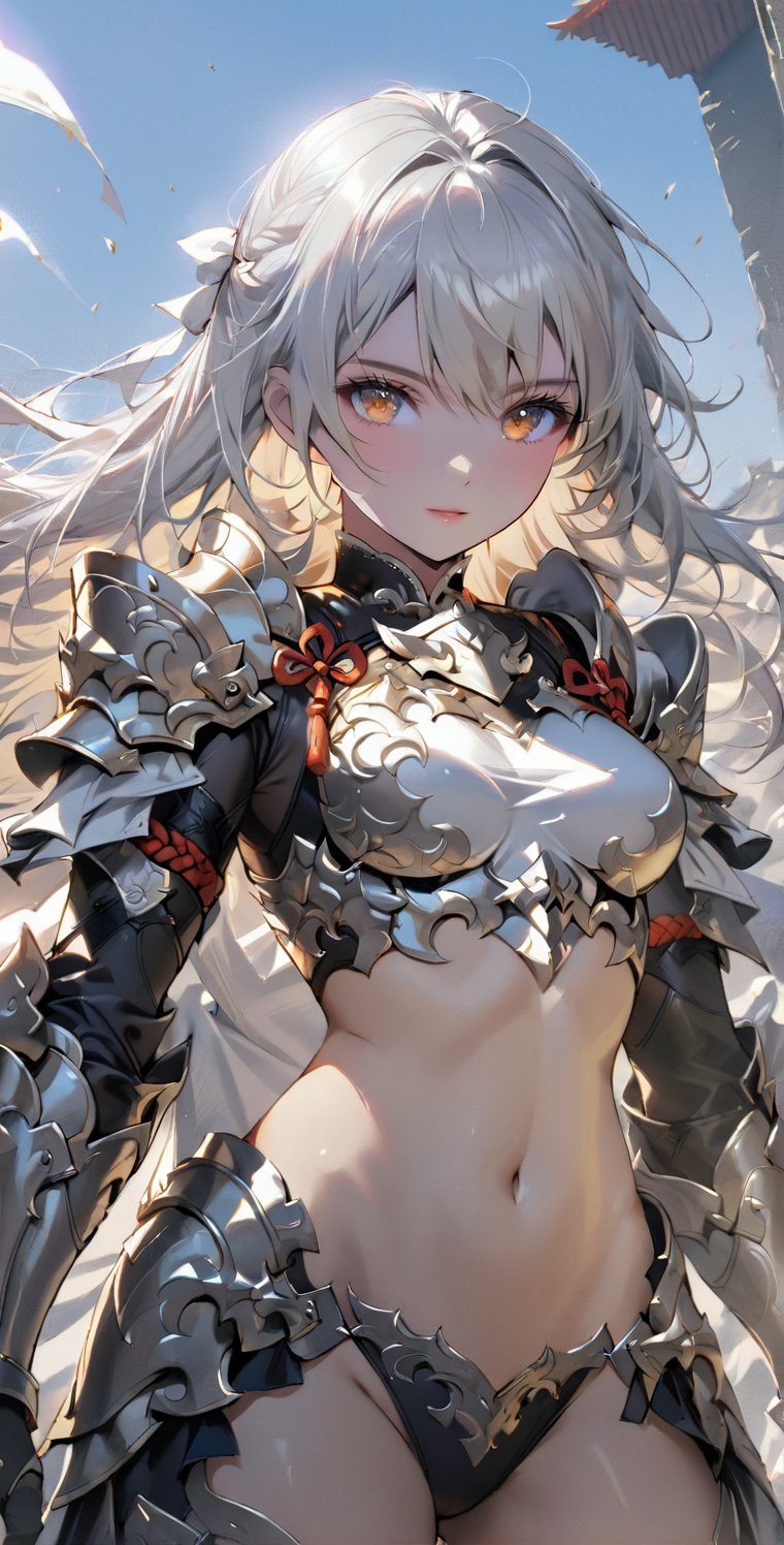 Girl, detailed composition, changes in light and shadow, half-length shot, fine silver hair, long silver hair, serious face, ferocious expression, medium chest, pure white carved armor, exposed navel, Chinese Mingguang armor, female general, war, battlefield, Bloody, Sunshine, Masterpiece, Best Quality, 8k, Rebellious Girl, Exquisite\(Armor\), Masterpiece, Pastel,Chinese_armor,MG_jixie