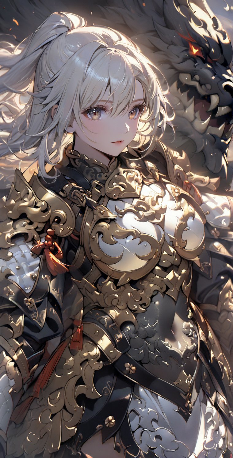 Girl, detailed composition, changes in light and shadow, half-length shot, fine silver hair, long silver hair, serious face, ferocious expression, medium chest, pure white carved armor, exposed navel, Chinese Mingguang armor, female general, war, battlefield, Bloody, Sunshine, Masterpiece, Best Quality, 8k, Rebellious Girl, Exquisite\(Armor\), Masterpiece, Pastel,Chinese_armor,MG_jixie