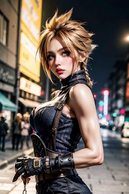 (((masterpiece))),(((sharp eyes))),(((long eyelashes and eyeliner))),(((very beautiful face))),(((face))),((large tits))),(((small waist))), 



sleeveless turtleneck, suspenders, belt, gloves, bracer, baggy pants, cowboy shot, looking at viewer, dystopian city, nighttime, chiaroscuro shading, walking, from side (((lora:cloudstrife-nvwls-v1-000010:0.9))),(((bigger breasts))),
