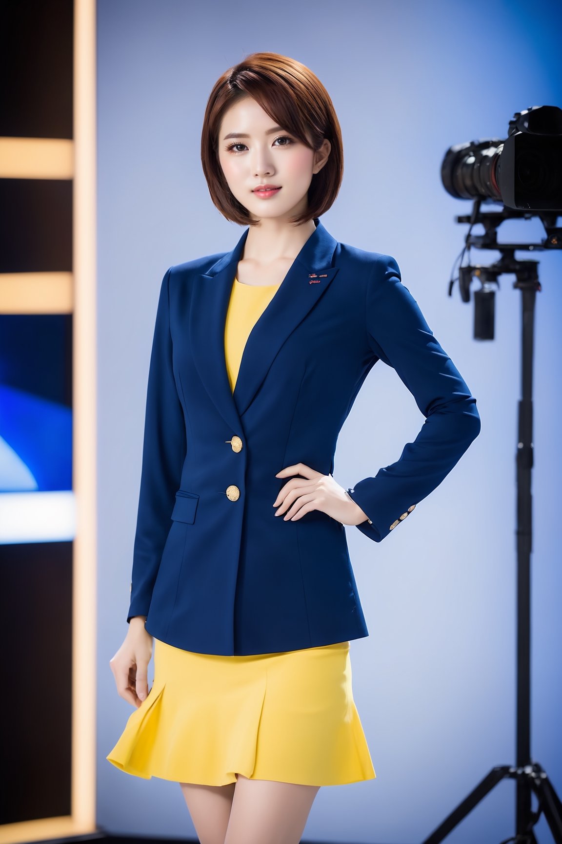 xxmix_girl,
//Photo of,
1girl, solo, a 28 year old  female anchor is  is wearing professional anchor business suit and short skirt(bright colors)(professional ).
//Camera style,
centered shot, from behind, face and waist,  look down,
brown hair(medium short hair), Mature looking, front side, smile
//Body,
tv studio(report), masterpiece, with folded arms, height(170cm), smile, upper body_portrait.
,Pure Beauty,Enhanced All
