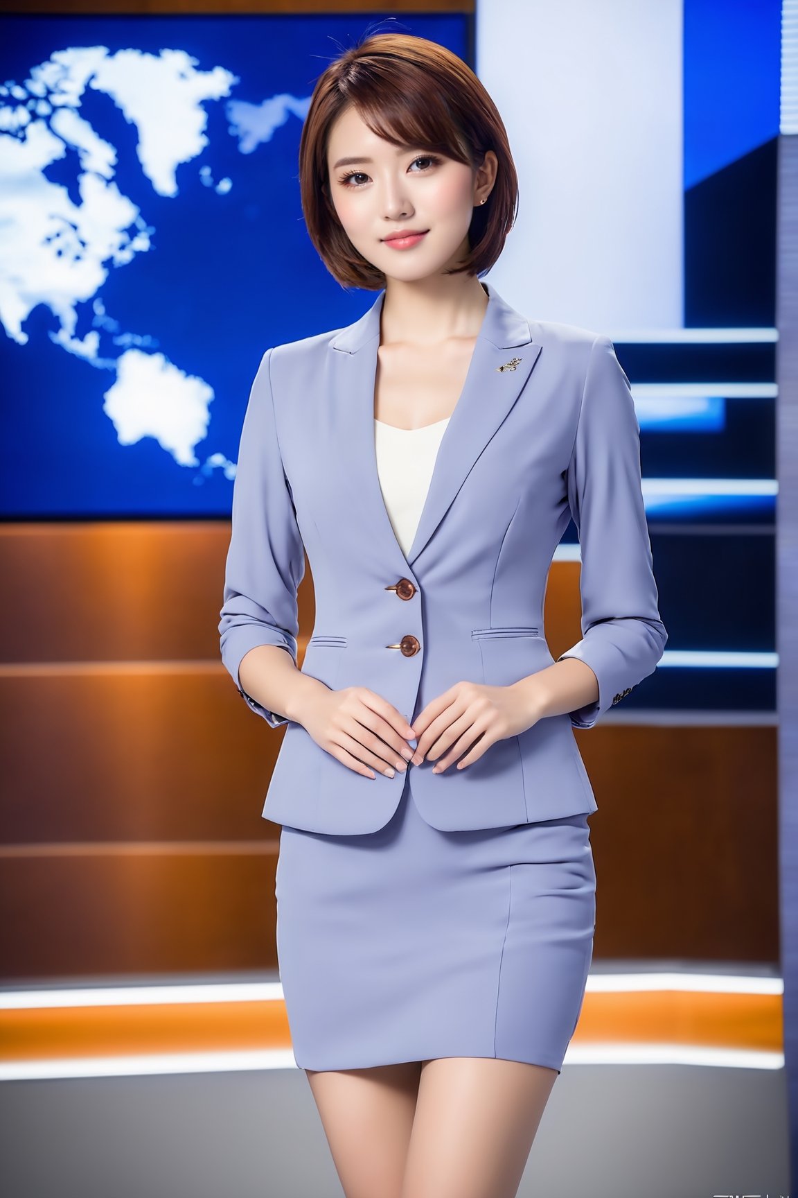xxmix_girl,
//Photo of,
1girl, solo, a 28 year old  female anchor is  is wearing professional anchor business suit and short skirt(bright colors)(professional ).
//Camera style,
centered shot, from behind, face and waist,  look down,
brown hair(medium short hair), Mature looking, front side, smile
//Body,
tv studio(report), masterpiece, with folded arms, height(170cm), smile, upper body_portrait.
,Pure Beauty,Enhanced All