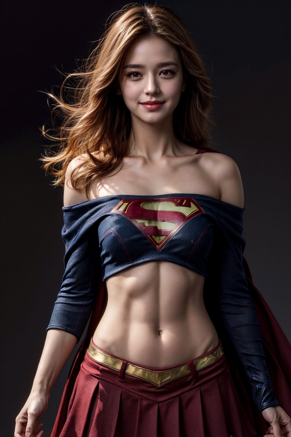 masterpiece, best quality, photorealistic, raw photo, 1girl, long hair, blouse, light smile, detailed skin, pore, off_shoulder, low key, black_background,1utf1,roronoa zoro,supergirl,photorealistic