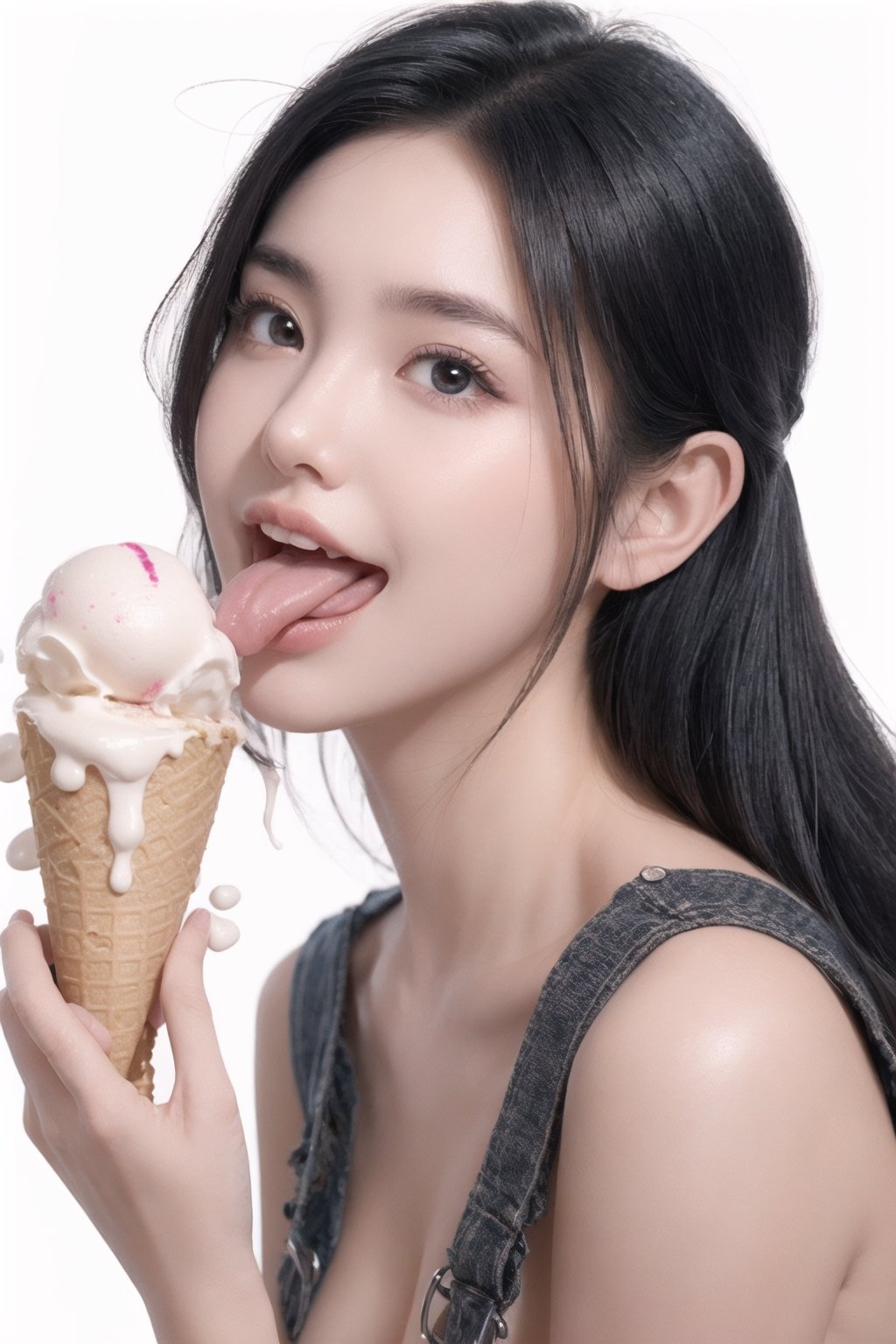 front view, a girl wearing overalls, licking an ice cream with her tongue against a white background,
big ice cream cone,ice cream,(naked body:1.3)

(Beautiful and detailed eyes),
Detailed face, detailed eyes, double eyelids ,thin face, real hands,
((black long hair :1.2)),white skin, gigantic_breasts, white teeth,naked feet,air bangs,


,1 girl, real person, color splash style photo,
,tongue out,ahegao face