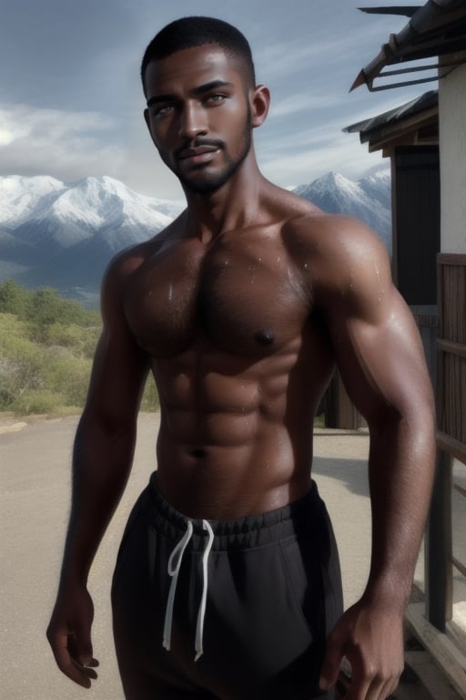 photogenic photo, clear sky, rugged handsome syahnk as african man,  (dark black skin:1.5), (shirtless muscular man:1.3), (chest hair, bodyhair:1.1), hairy, solo male, outdoors, light smile, (sweat:1.1), (sweatpants), (buzzcut hair), mountains, medium shot, masterpiece, best quality, highres ,, vibrant, look at camera,,syahnk,mboy,1man