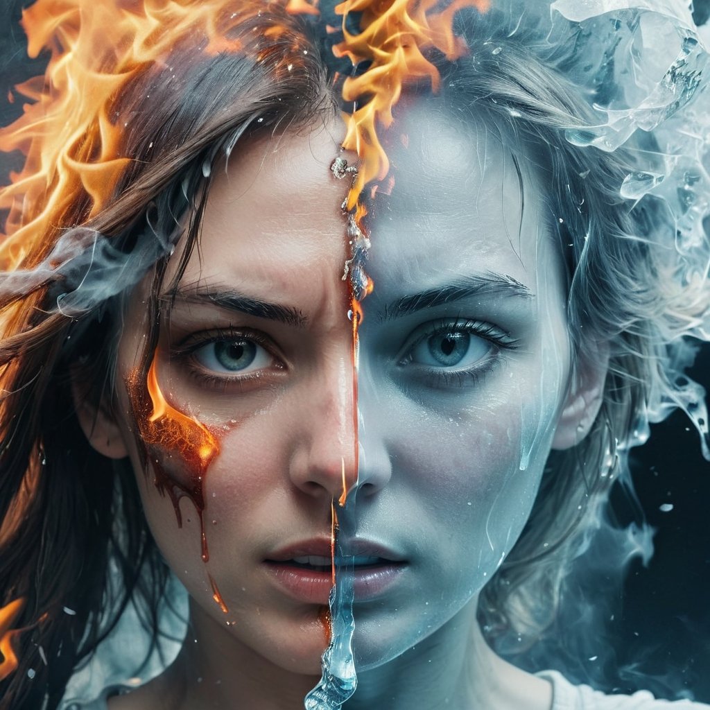 Split image of a Women, 
left half is burning with fire and the right half is ice, 
The left half of the face is extremely angry, and the right half of the face is crying and shedding tears.
more detail XL, 
fire element, 

ice, b3rli, 