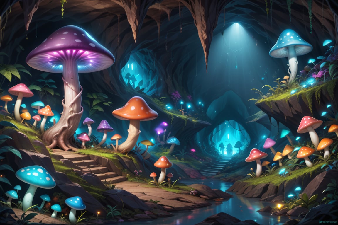 score_9, score_8_up, score_7_up, score_6_up, score_5_up, score_4_up, realistic face, extremely realistic artwork, realistic image, pokemon \(creature\), no humans, glowing, glowing light, colourful colourfull mushroom made of glass, giant blue glass mushrooms, bright light cave, glowing colourful glass mushroom, different different colourful mashrooms, big glass mashrooms, big glowing glass mashrooms, lots of glass mashrooms, lots of glass mashrooms in cave,masterpiece,disney pixar style,photo r3al
