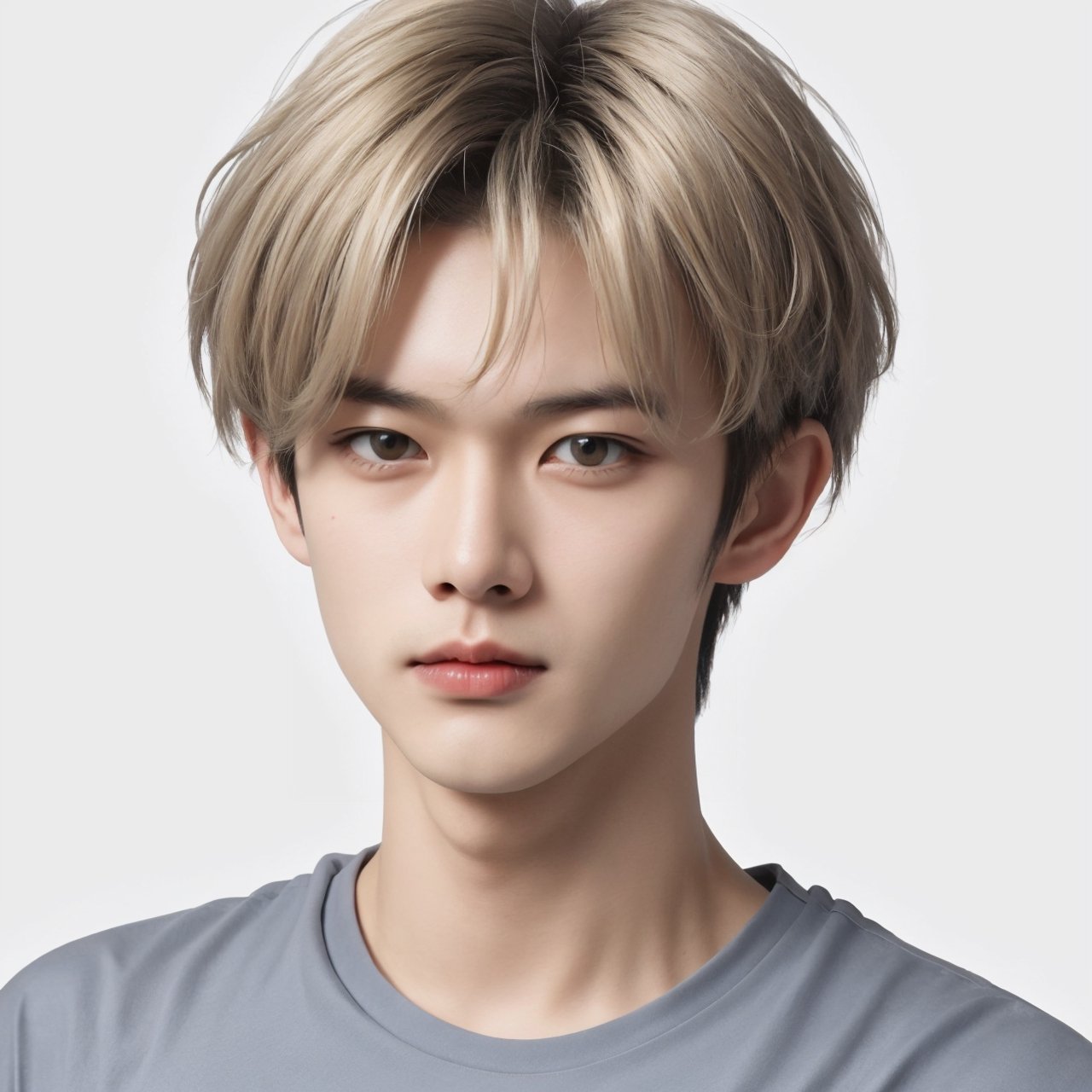 1boy, male focus, solo, white background, spiked hair, spiky hair, 22 yo old man, attractive, hair, looking at viewer, closed mouth, portrait, simple background, face, dark brown eyes, light grey hair, frown, serious, >:(, t-shirt, ,Handsome Thai Men, parted bangs, ash blond hair,