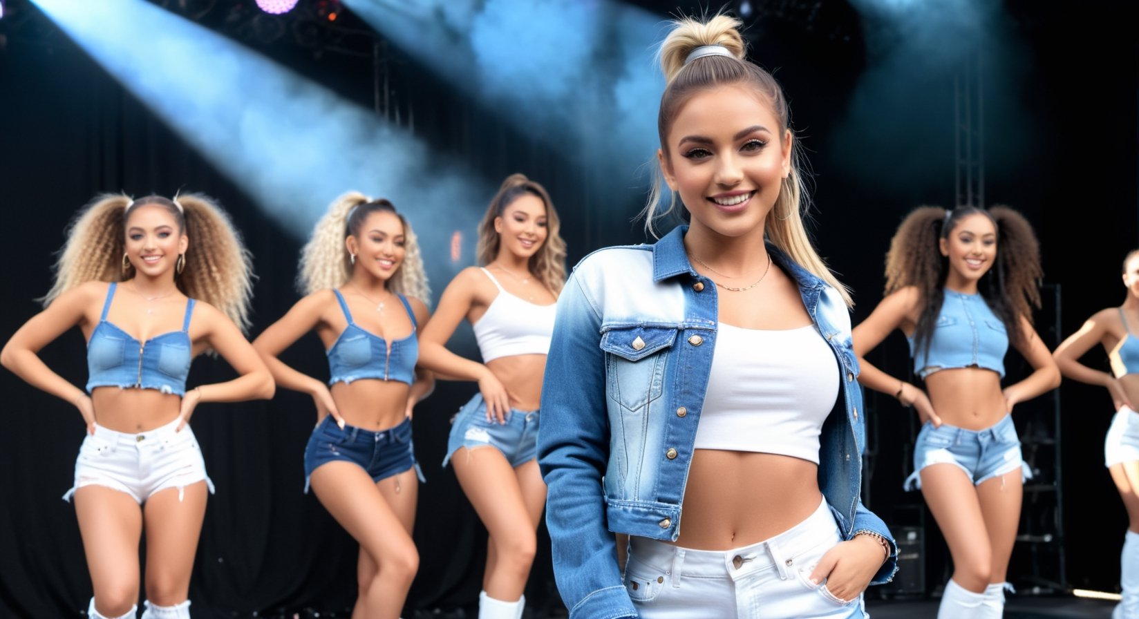 Beautiful EDM dance group, wearing casual denim outfit dancing live on stage (Full body shot:1.4), Smiling for the viewer, ponytail (Cream-White Balayage hair:1.4), natural lips, vivid eyes, fine eyelashes, sparkling eyeshadows, tanned skin, ((Dance stage Background)) , (dynamic pose:1.4), grain, uhd, Kodak provia 100f, exquisite detail, natural lighting --ar 9:16 --style raw,1 girl,Enhance,more detail XL,photo_b00ster,REALISTIC