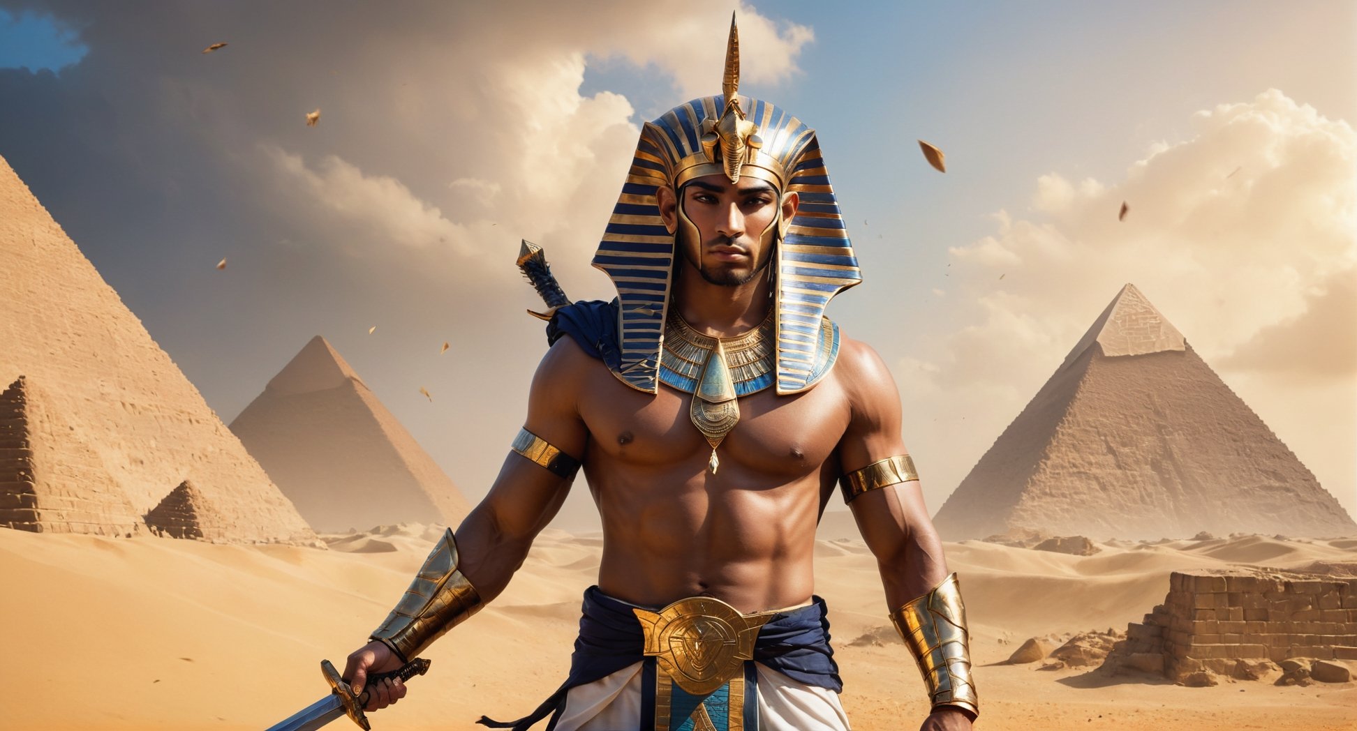 Depict Ramses the great Pharaoh, wearing traditional Egyptian royal outfit, Sword in hand,  in front of the pyramids, mid body portrait (Random Dynamic pose, modeling pose:1.4), mid body portrait,highly detailed, digital painting, holographic, artstation, concept art, sharp focus, illustration, art by Ross Tran, Jim Lee, Extremely Realistic, 8K Kodak Golden shot.