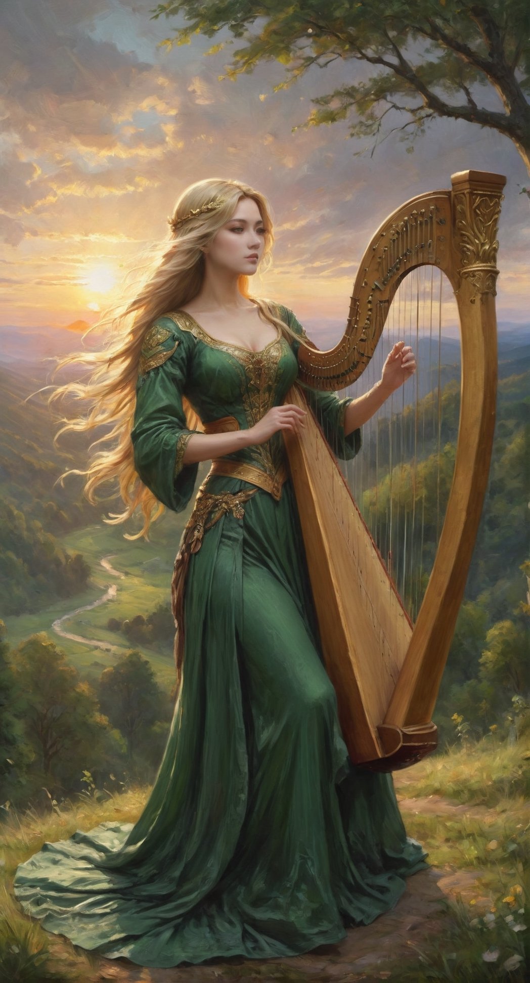 Beautiful 16-th Cenury Woman, Flowing long blonde hair, wearing green medieval peasent style dress, Playing the harp, (dynamic pose, random pose, modeling:1.4), (Mid Body portrait:1.2), (((Transylvanian sunset above a forest background))), sensual, beautiful, mesmerizing, concept art, highly detailed, artstation, behance, deviantart, inspired by innocent manga, inspired by Video game concept art, trending, ayami kojima, shinichi sakamoto, Extremely Realistic, 8K Kodak Golden shot,digital painting