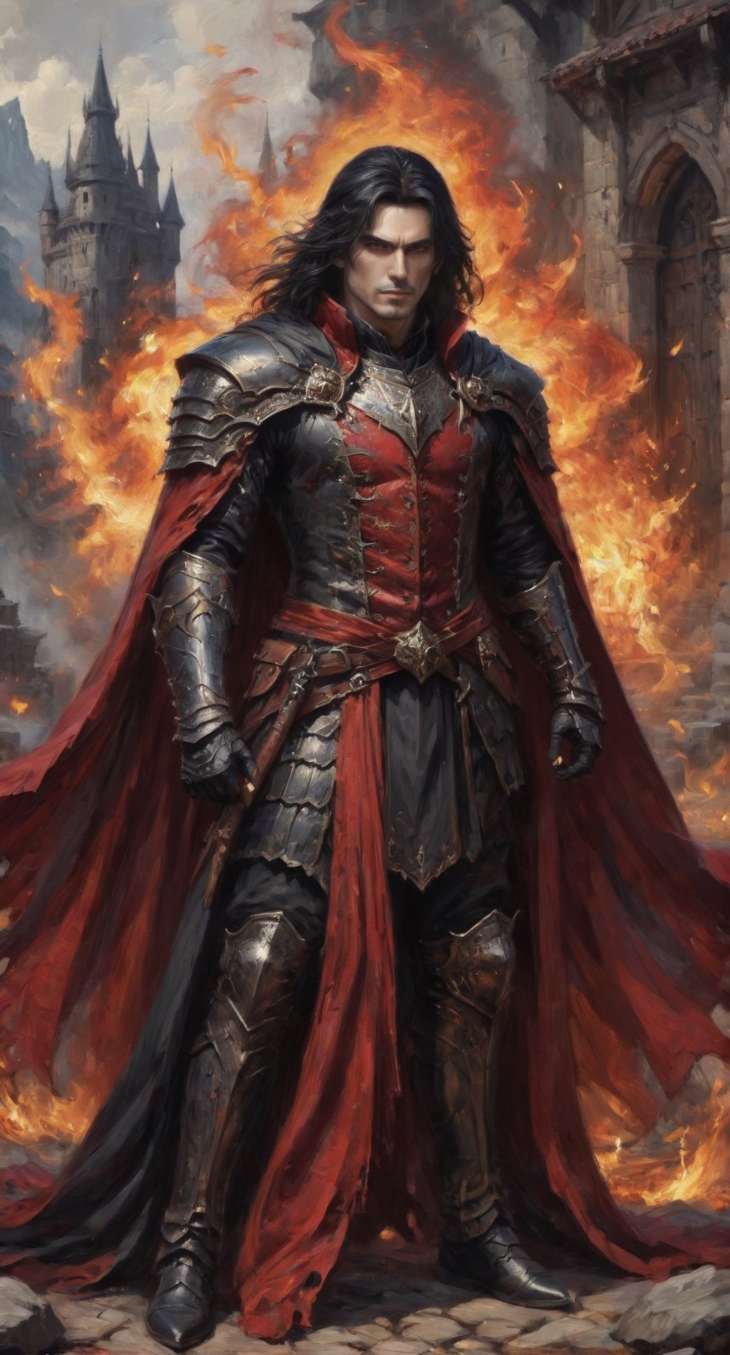 Fearsome Dracula,Walachian Count, Flowing long black hair, wearing blood red and black medieval Armor, Red Cloack (dynamic pose, random pose, modeling:1.4).full body portrait, (Mid Body shot:1.2), (((Burning Transylvanian Bttle scene background))), sensual, beautiful, mesmerizing, concept art, highly detailed, artstation, behance, deviantart, inspired by innocent manga, inspired by Video game concept art, trending, ayami kojima, shinichi sakamoto, Extremely Realistic, 8K Kodak Golden shot,digital painting