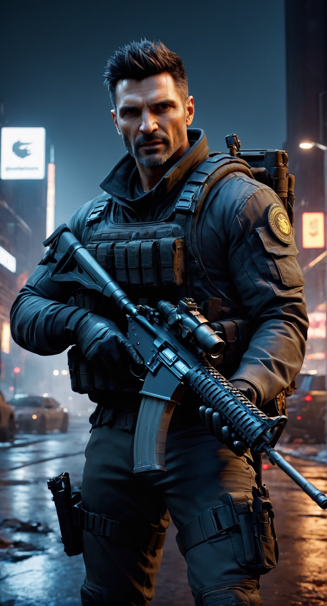 Confident Frank Grillo, Powerfull in (The Division pc game style gear), rifle in hands, Distopian New York background, (full body portrait:1.4), (dynamic pose, random pose, modeling:1.2) volumetric lighting, 8k octane beautifully detailed render, post-processing, portrait, extremely hyper-detailed, intricate, epic composition, cinematic lighting, masterpiece, very very detailed, masterpiece, stunning Detailed matte painting, deep color, fantastical, intricate detail, splash screen, complementary colors, fantasy concept art, 8k resolution, Unreal Engine 5, chiaroscuro, bioluminescent, Volumetric light, auras, rays, vivid colors(face in frame:1.4), (editorial medium full body shot photography), (8k, RAW photo, best quality, masterpiece:1.4), twilight lighting, volumetric lighting, natural lighting, beautiful lighting, trending on ArtStation, trending on CGSociety, dramatic lighting, by artgerm, by Liang Xing, by WLOP, immersive atmosphere, (chiaroscuro:0.2),Extremely Realistic,SDXL