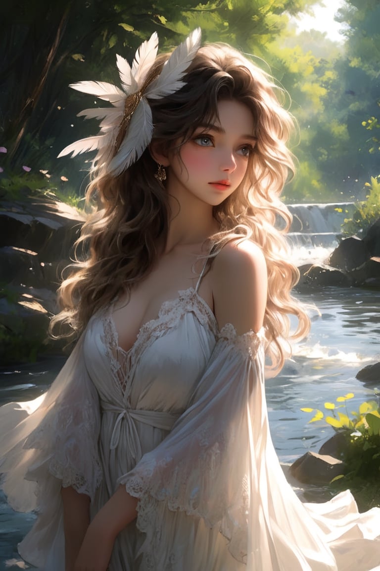 (extremely detailed CG unity 8k wallpaper),(((masterpiece))), (((best quality))), ((ultra-detailed)), (best illustration),(best shadow), ((an extremely delicate and beautiful)),dynamic angle,floating, solo,((1girl)),{long wavy curly hair},expressionless,((white idol dress)), anglesailor dress,(detailed wet clothes),silk shawl,bikini,underboob, frills,cute anime face,blush,(beautiful detailed eyes), (detailed light),feather, nature, (sunlight), river, (forest),(((floating palace))),beautiful and delicate water,(painting),(sketch),(bloom),(shine),