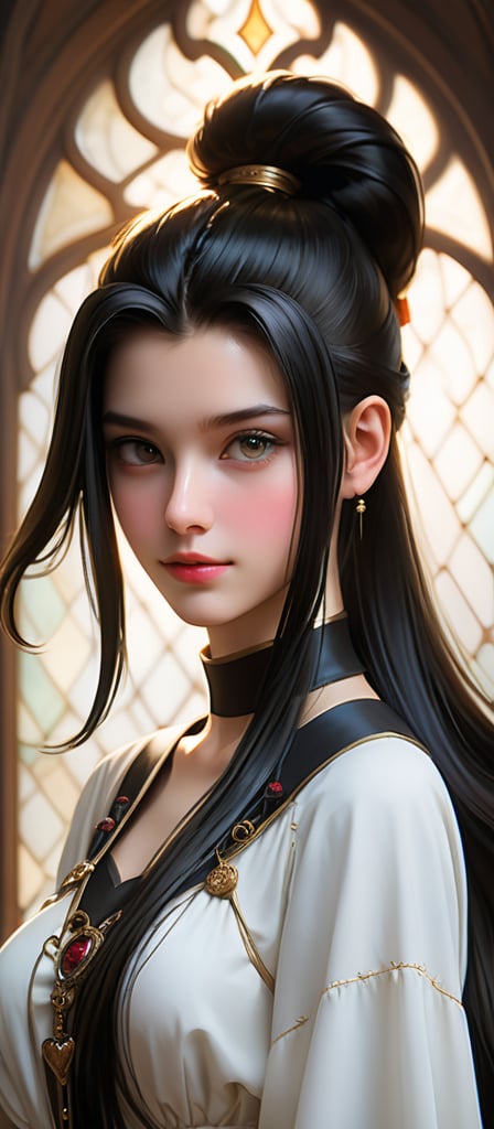 Here is a prompt that meets your requirements:

A breathtaking close-up portrait of an 18-year-old beauty with striking features. Her long black ponytail cascades down her back, framing her heart-shaped face with symmetrical eyes and delicate facial structure. The high-top fade hairstyle adds a touch of edginess to her otherwise angelic appearance. The frontal view showcases her stunning features in exquisite detail, as if captured by a master painter. In this 8k concept art piece, Greg Rutkowski's style merges with the likes of Artgerm, Wlop, Alphonse Mucha, Beeple, and Caravaggio to create a masterpiece that embodies Unreal Engine 5's volumetric lighting and perfect composition. The subject's gaze directly into the camera exudes confidence and allure, as if she's about to reveal a hidden secret. This photorealistic concept art is reminiscent of oil on canvas masterpieces, with intricate details and soft, natural lighting that transports us to an ethereal realm.