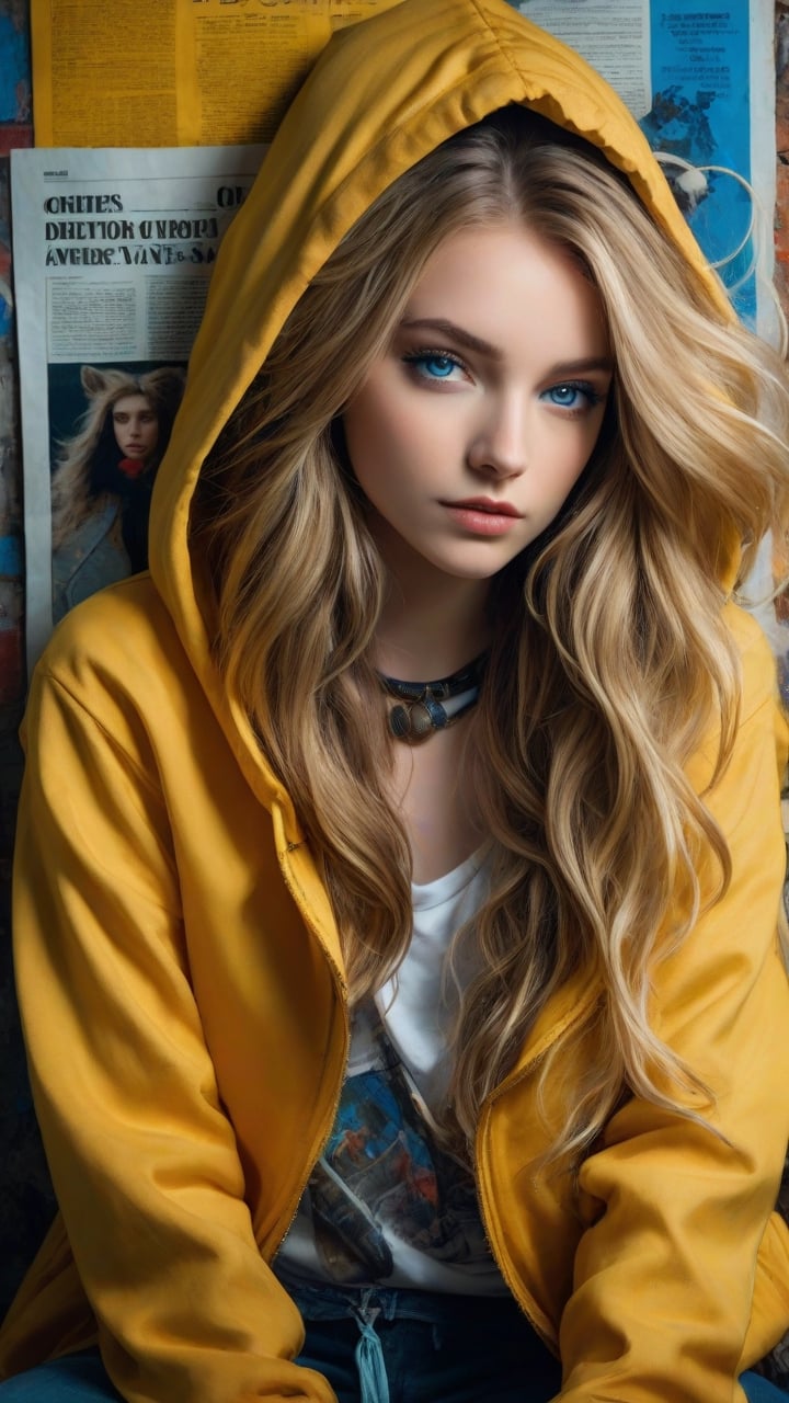 A young individual with big, flowing hair obscuring their face sits confidently, gazing directly at the viewer. Messy locks frame their blue eyes, which seem to hold a quiet intensity. A choker adorns their neck, while a dog tail pendant dangles from their jacket. One hand rests in their pocket, clad in a worn-out hoodie and yellow jacket with open sleeves. Long hair cascades down their back, and their nails are painted with vibrant polish. The subject's clothing is intentionally open, showcasing their confidence. The background features a gritty newspaper-covered wall, adding to the overall edgy atmosphere.