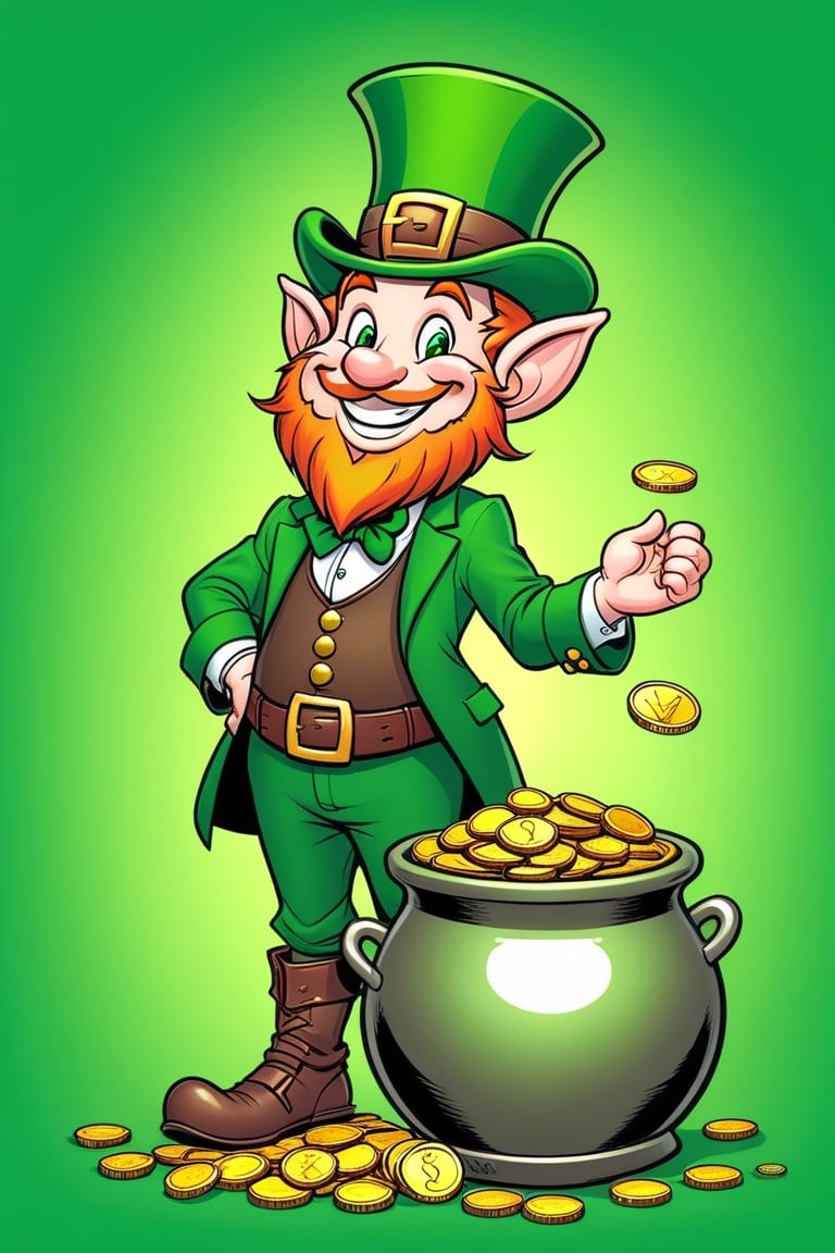 cartoonish style,a happy leprechaun next to a pot full of gold coins , highly detailed, well rendered, (caricature:0.8), comic book, vibrant,CELTS