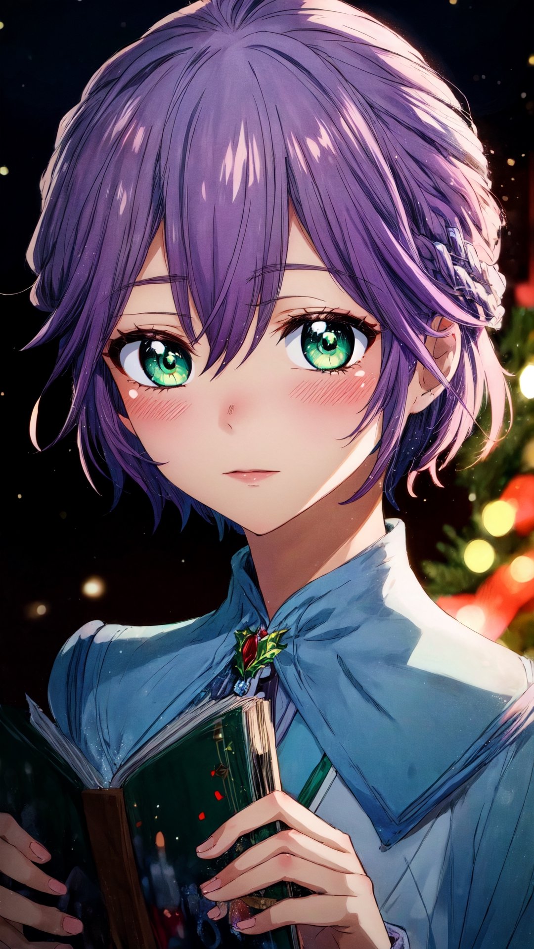 1girl, face portrait, purple short hairs, green eyes, A high-quality, high-res masterpiece, matured female, Anime & Comic Book style, hair ornaments, blushing, Christmas tree in the background(( deep depth of field:1.4)) hiro_segawa.,,