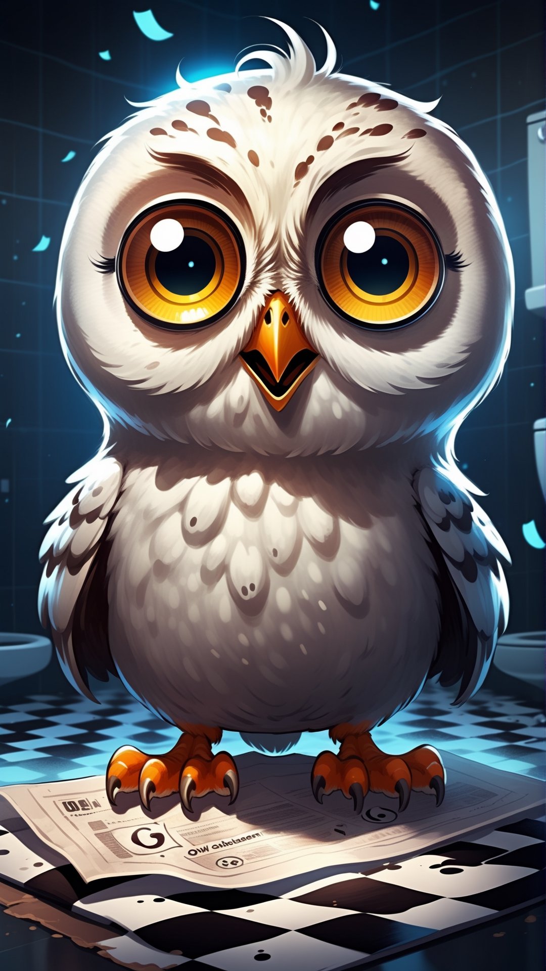 a cute big round eyes owl meeting Ghost while using toilet,  background: small washroom, 1toilet, 1window, checkerboard floor, mess, newspaper, (white slime blasts), wisp, funny, chibi, halloween theme, 2D Animated CG Horror Movie style,chibi emote style