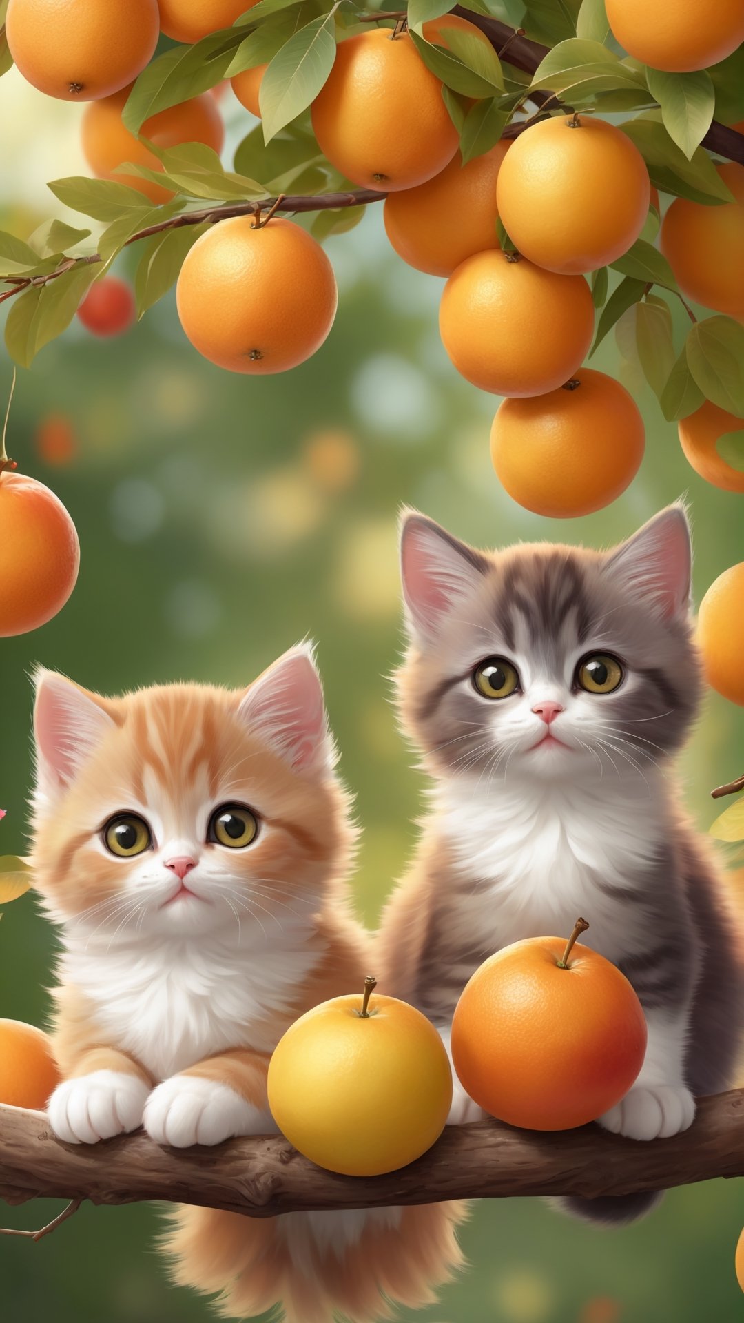 Side view shot, Turn around and look ahead, Two cute little fluffy fat kittens wearing pink coat sit down on the orange tree branch and Picking oranges from the treeand smiled happily, Autumn style, realistic high quality orange tree, oranges full the branch, maple leaves falling, big eyes so cute and beautiful, under the tree have a table, and apples and beautiful flowers, maple leaves falling, orange near flowers, Turn around and look viewers , pink flowers blooming fantastic amazing and romantic lighting bokeh, yellow flowers blooming realistic and green plants amazing tale and lighting as background, Xxmix_Catecat