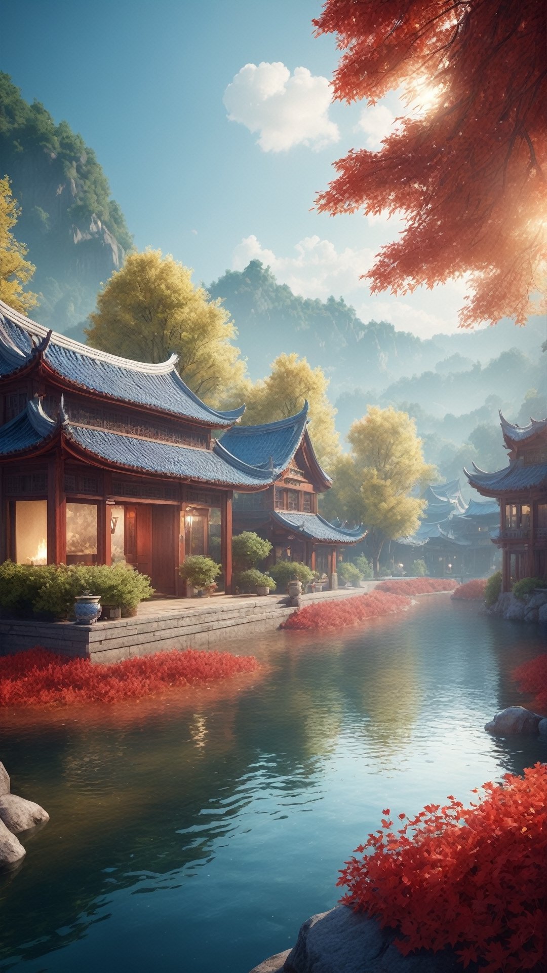 Masterpiece, best quality, (very detailed CG unified 8k wallpaper), (best quality), (best illustration), (best shadow), glowing elf with a glowing deer, drinking water in the pool, natural elements in forest theme. Mysterious forest, beautiful forest, nature, surrounded by flowers, delicate leaves and branches surrounded by fireflies (natural elements), (jungle theme), (leaves), (branches), (fireflies), (particle effects) and other 3D, Octane rendering, ray tracing, super detailed, alpine flowing water Xiaoqiao artistic conception beauty, there is a kind of sea and a hundred rivers with tolerance and great artistic conception, and landscape painting of Jiangnan water town. Red atmosphere, maple leaves, autumn, artistic conception, red lotus, lotus pond moonlight, autumn, pond --auto --s2