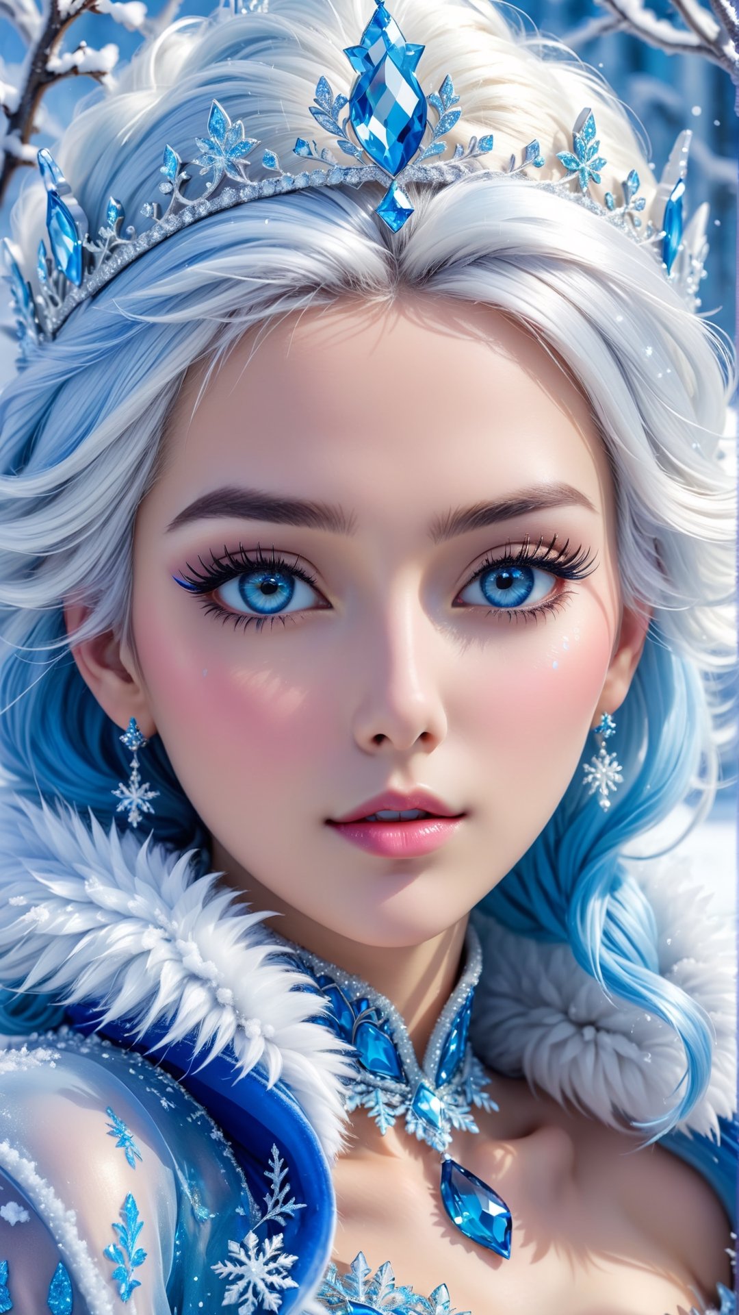 FrostedStyle, up close photo of a fierce and beautiful snow queen, blue and white hair, frosted lips, wearing a frozen transparent glass fur coat, eyelashes tinged with frost, beautiful detailed high quality tiara, realistic eyes, up close, bokeh, 4k, HDR,shuicai
