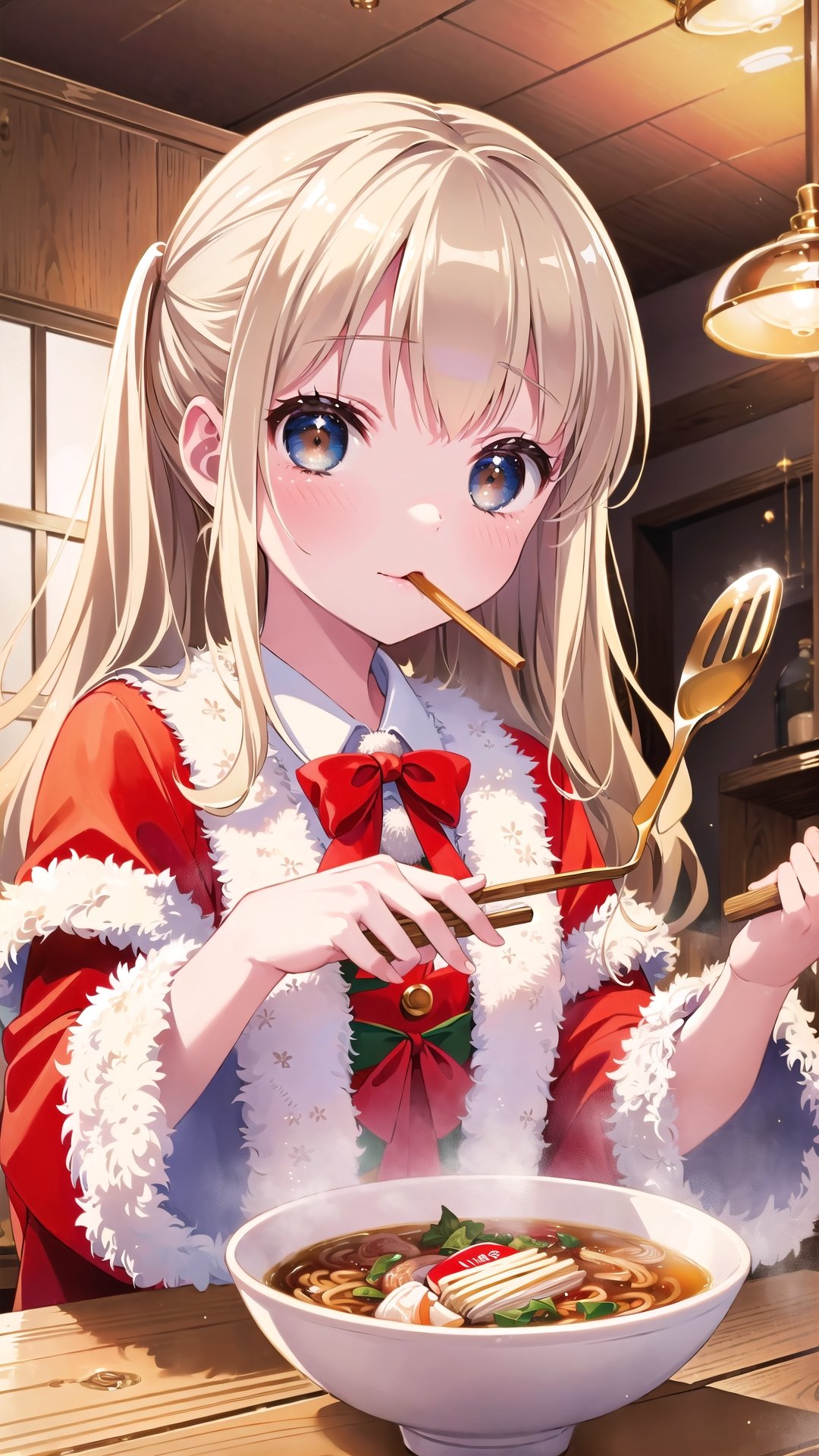 (Masterpiece, Top Quality, High Quality, Best Picture Score: 1.3), Perfect Beauty: 1.5, blonde hair, long hair, (Santa Claus costume), one person, eating ramen, ramen store, using a fork, using a bamboo ladle, not large bowl,brown eyes